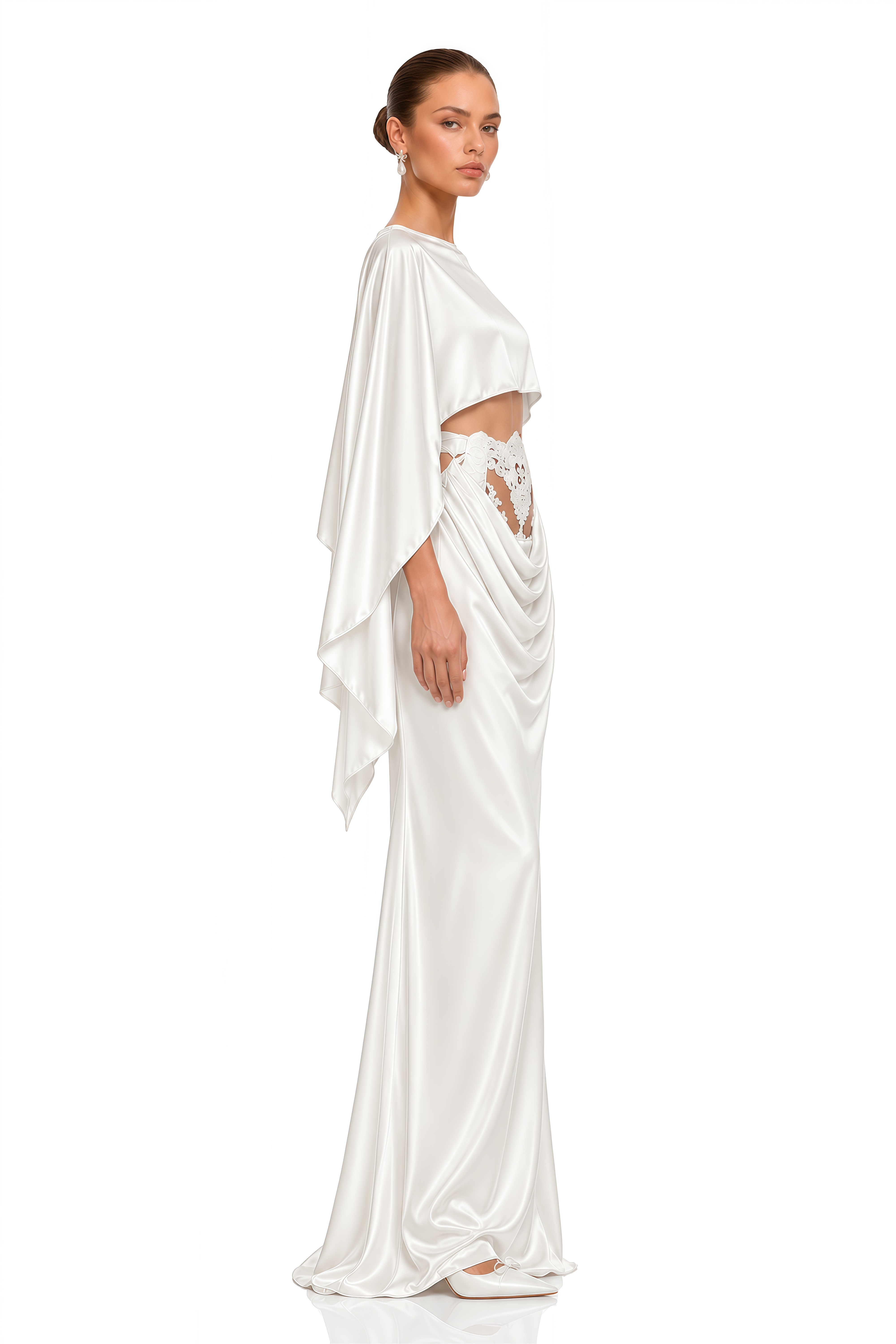 Amelia White Cape Top & Draped Skirt Set with Lace Panels