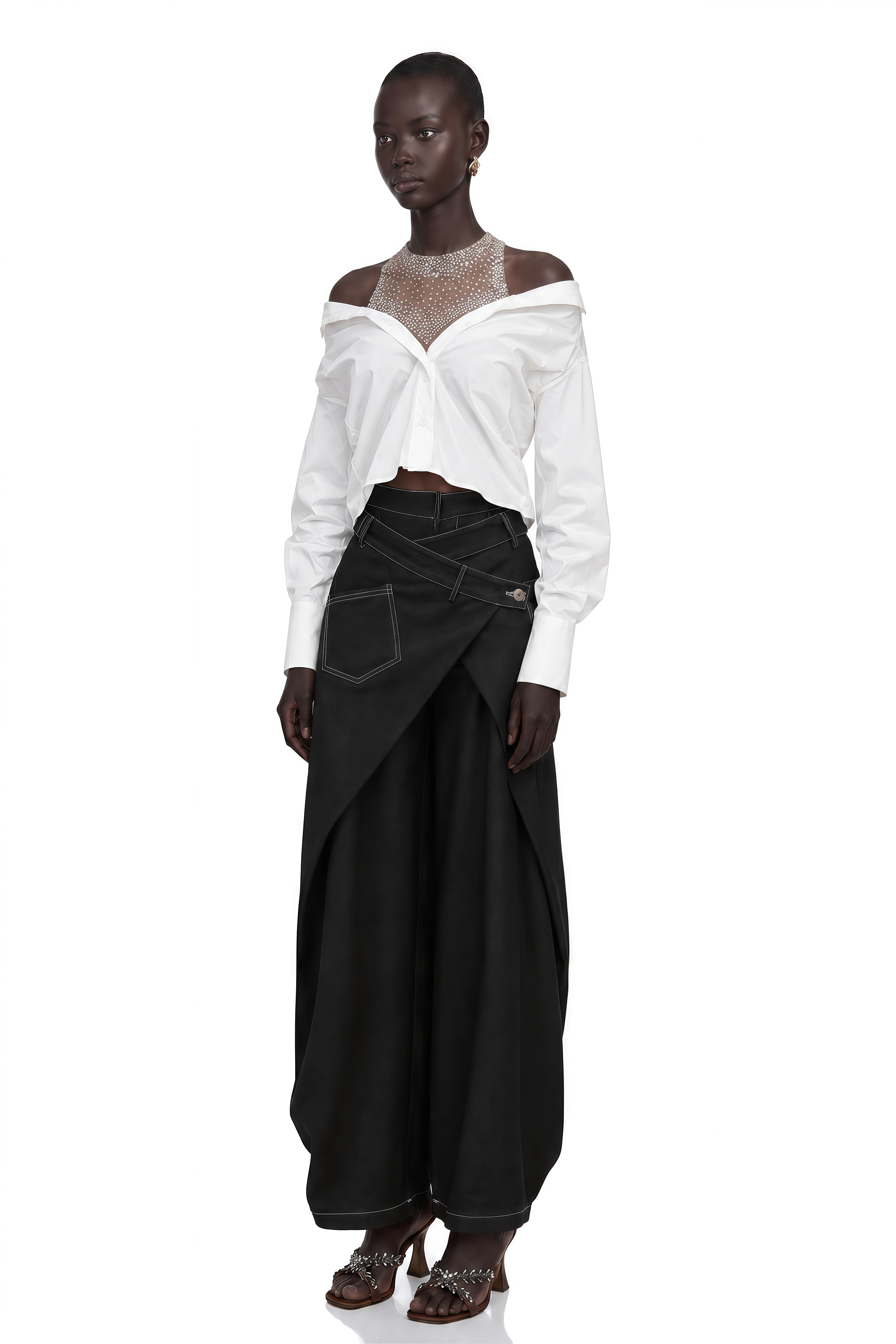 Fernande White Rhinestone Mesh Panel Shirt