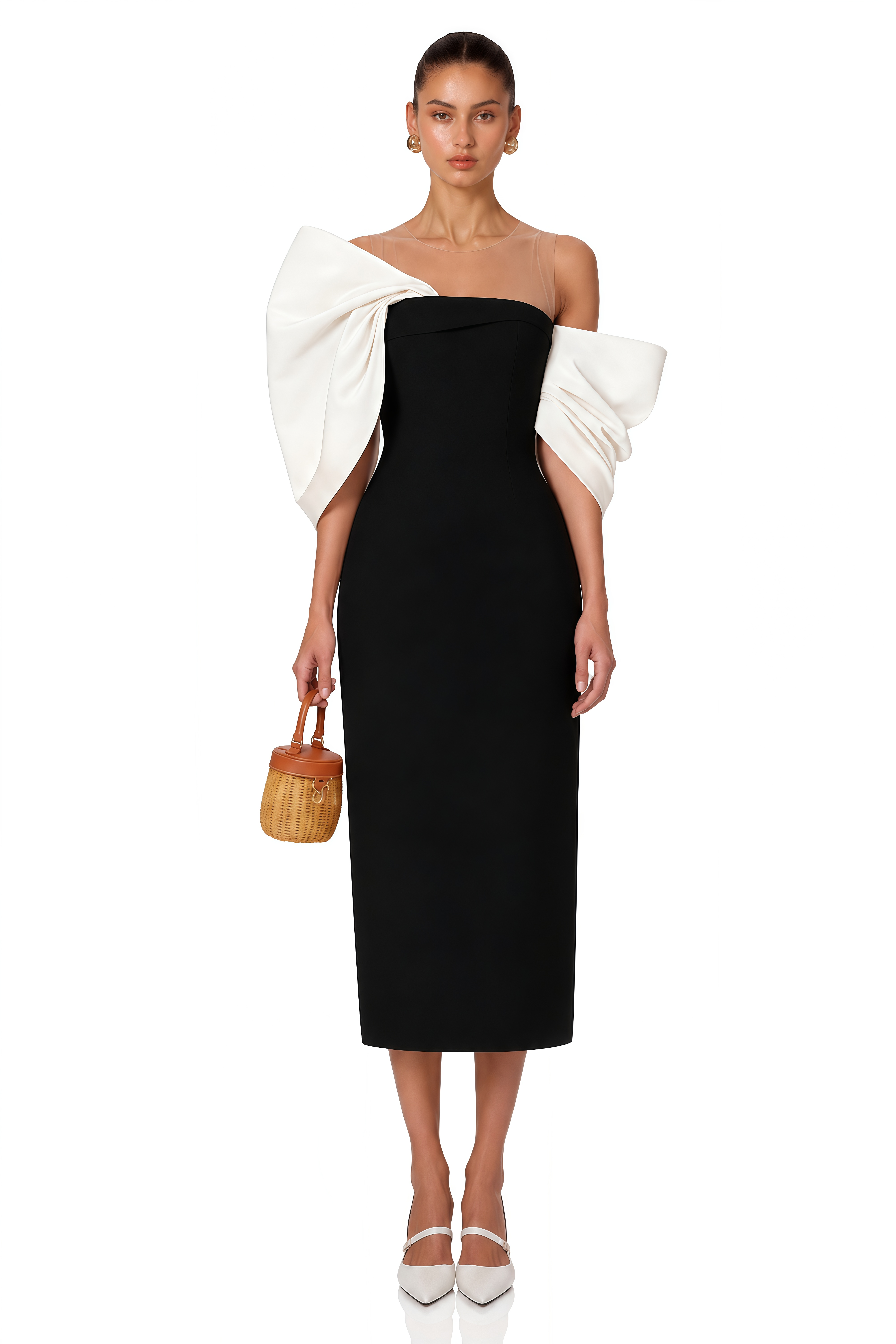 Leire Black Midi Dress with Asymmetrical Bow Detail