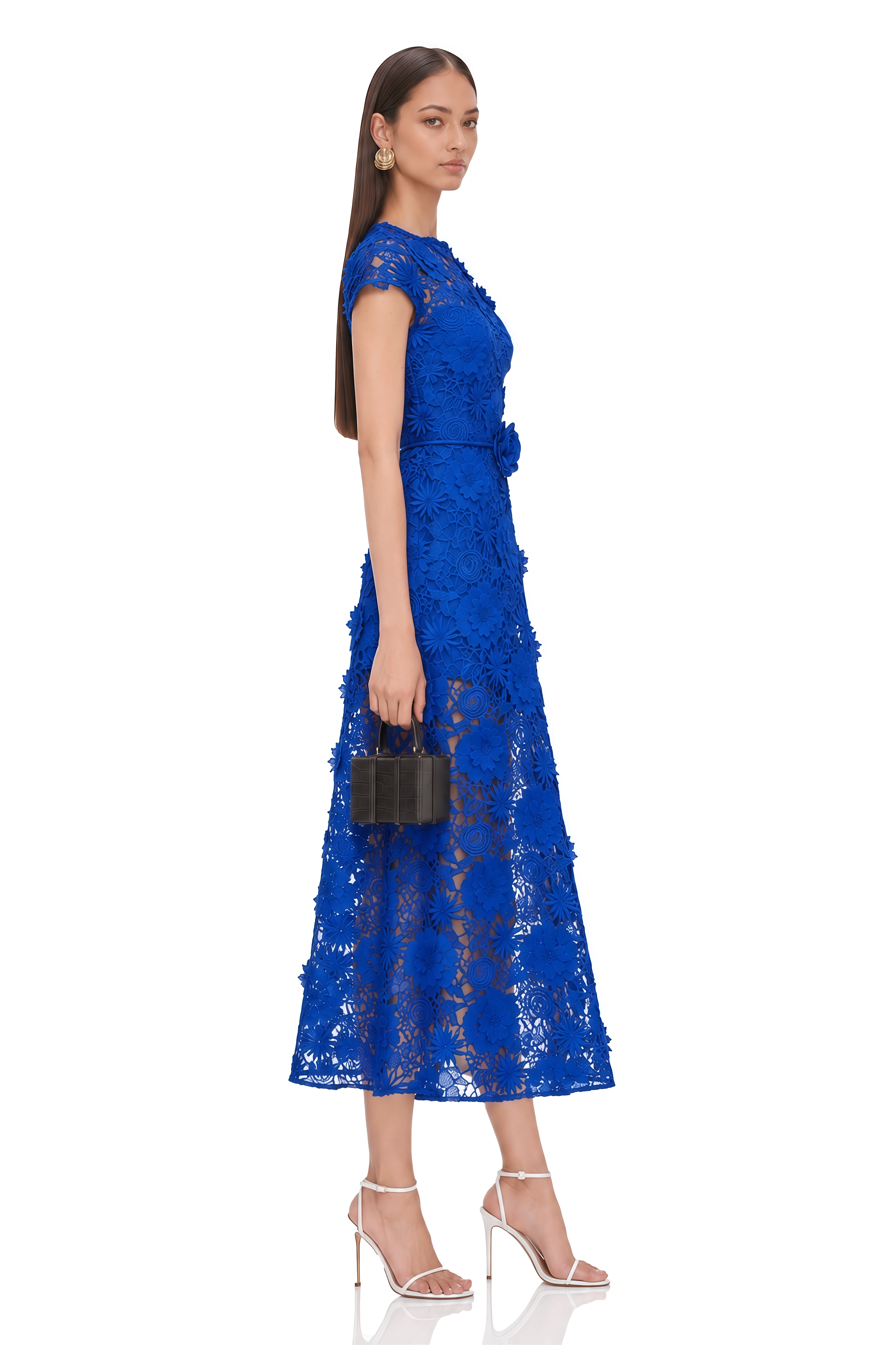 Jochebed Blue Floral Appliqué Maxi Dress with Cut-Outs