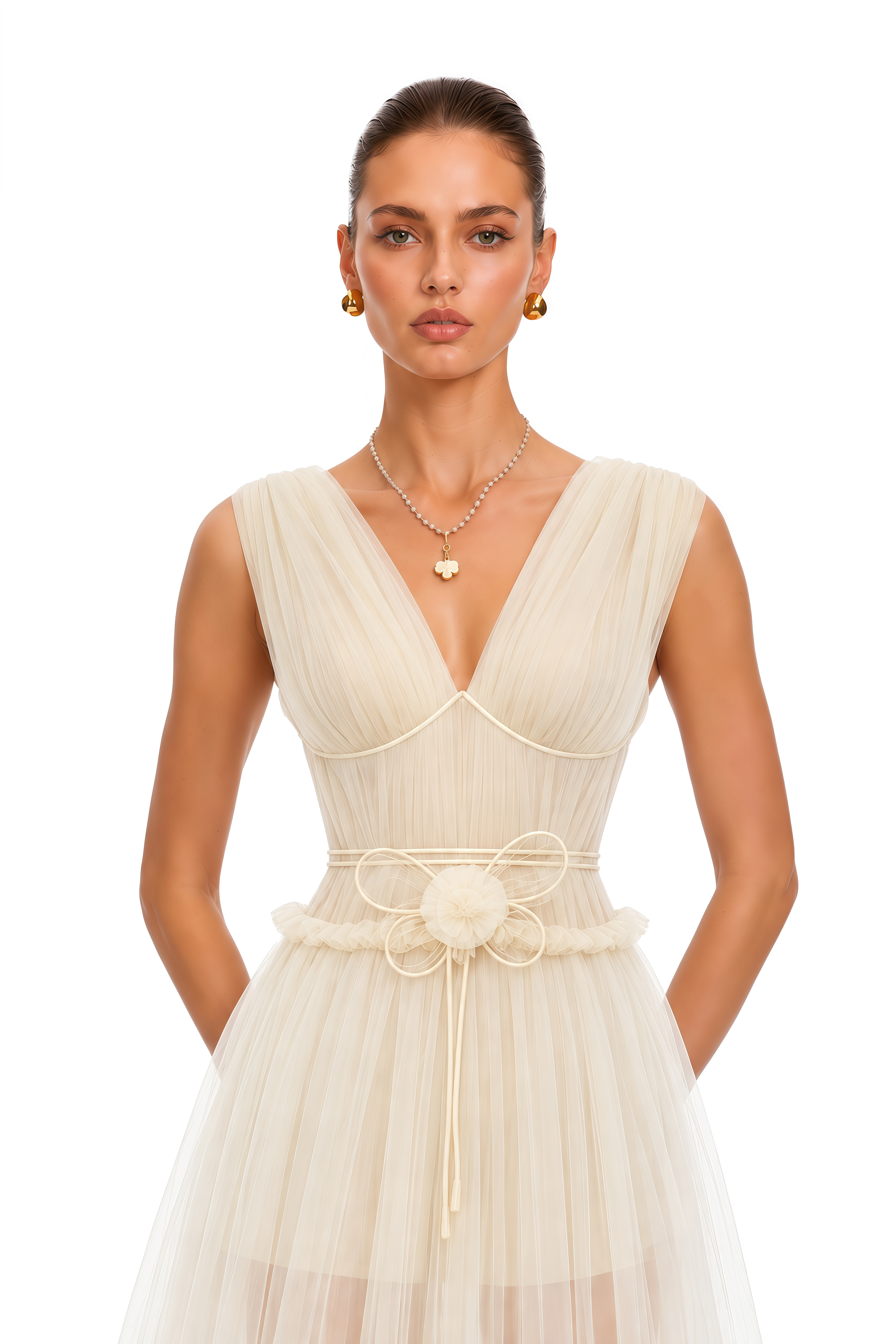 Octavia Beige V-neck Semi-sheer Ruched Maxi Dress