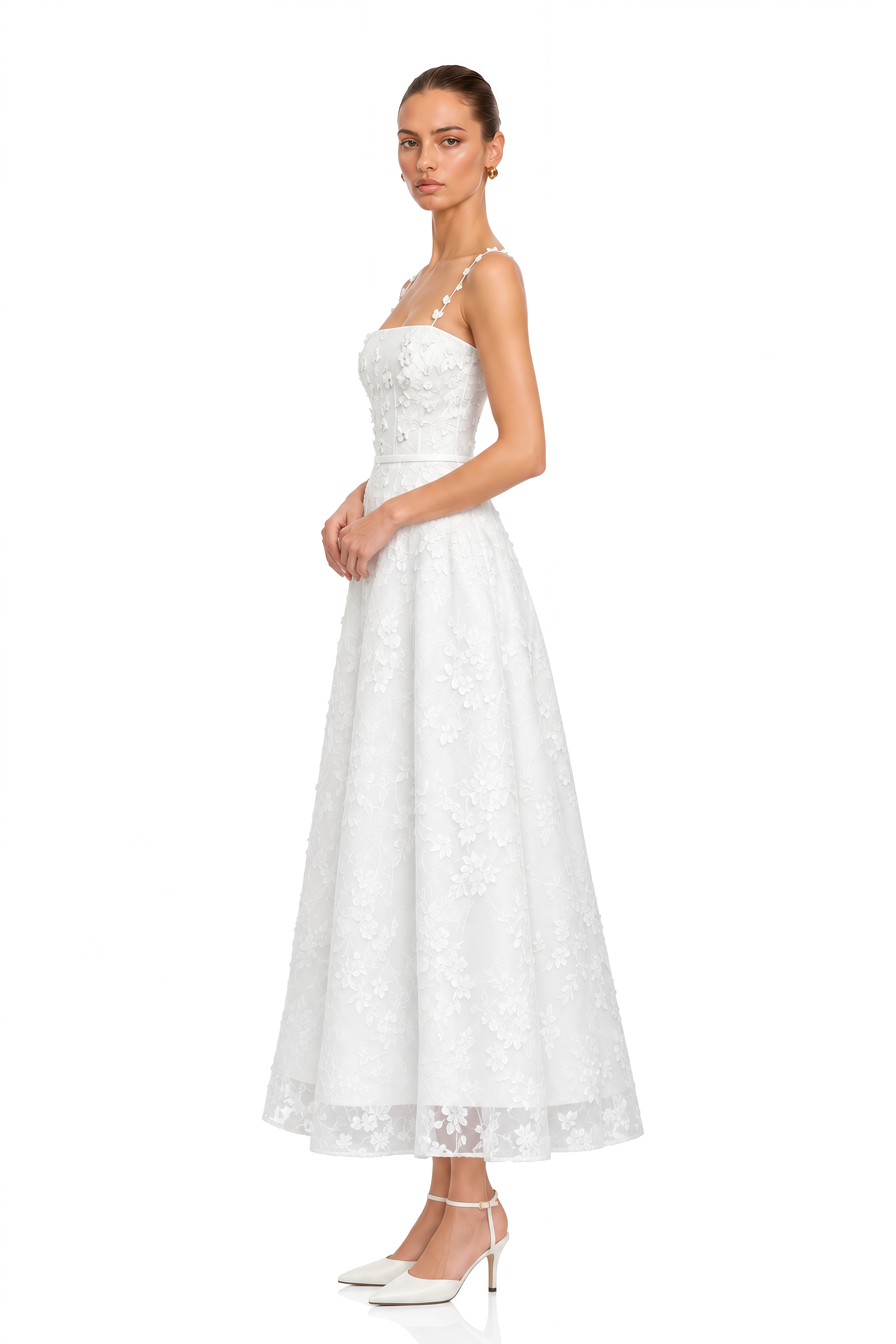 Loretta White Square Neck Midi Dress with 3D Florals