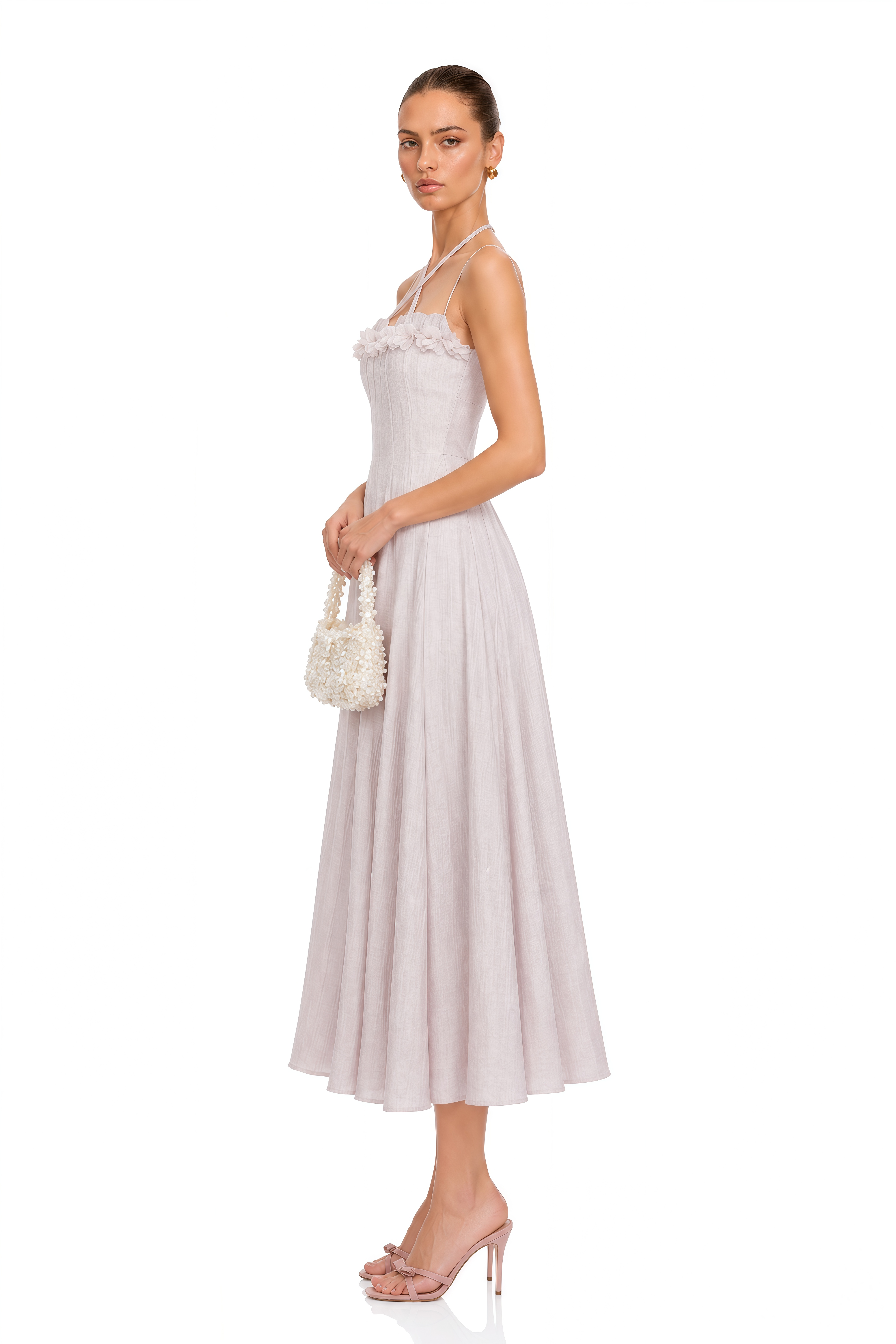Emma Purple Halterneck 3D Floral Cinched Midi Dress