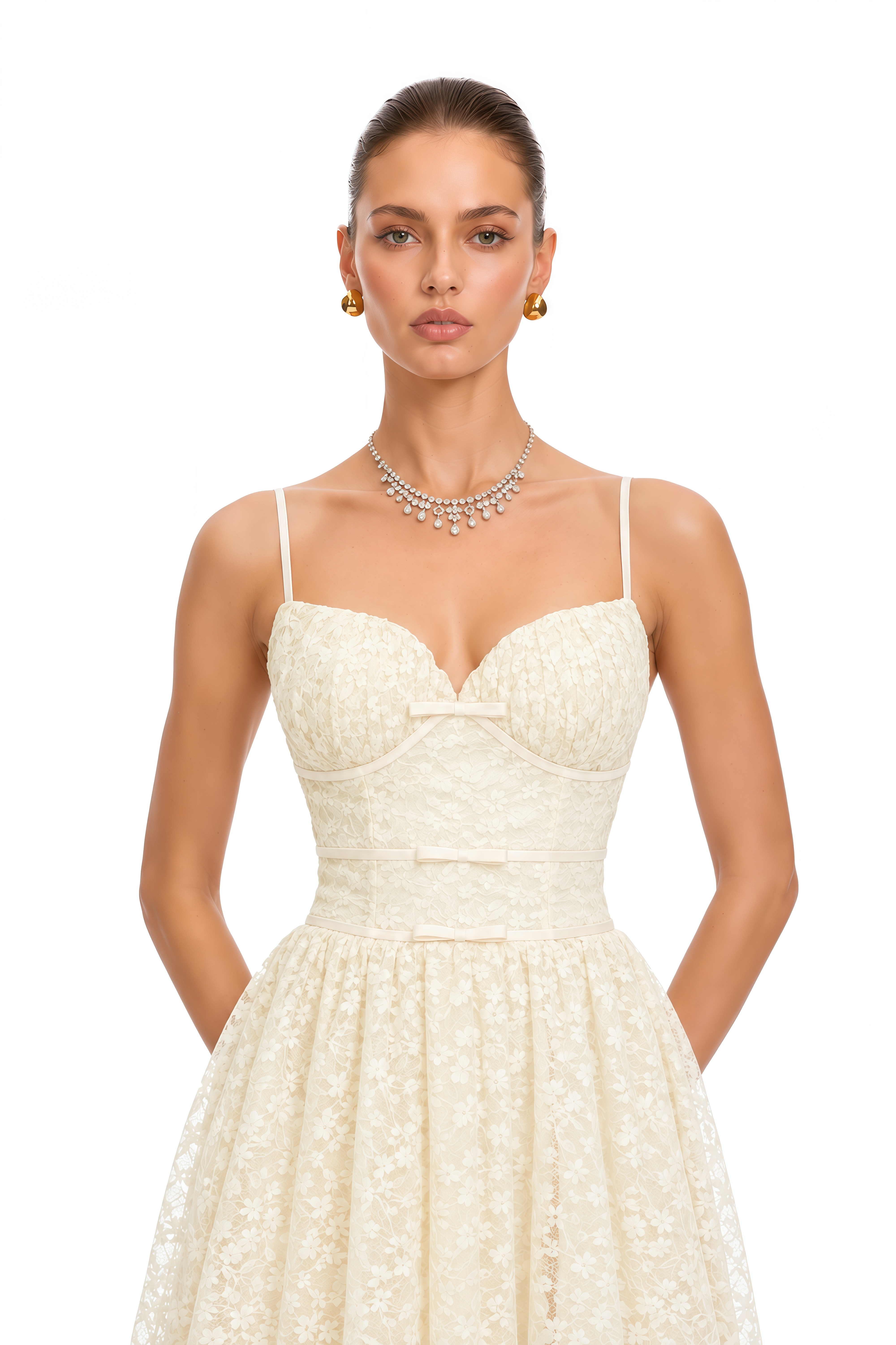 Ihaka Cream Sweetheart Lace Pleated Midi Dress