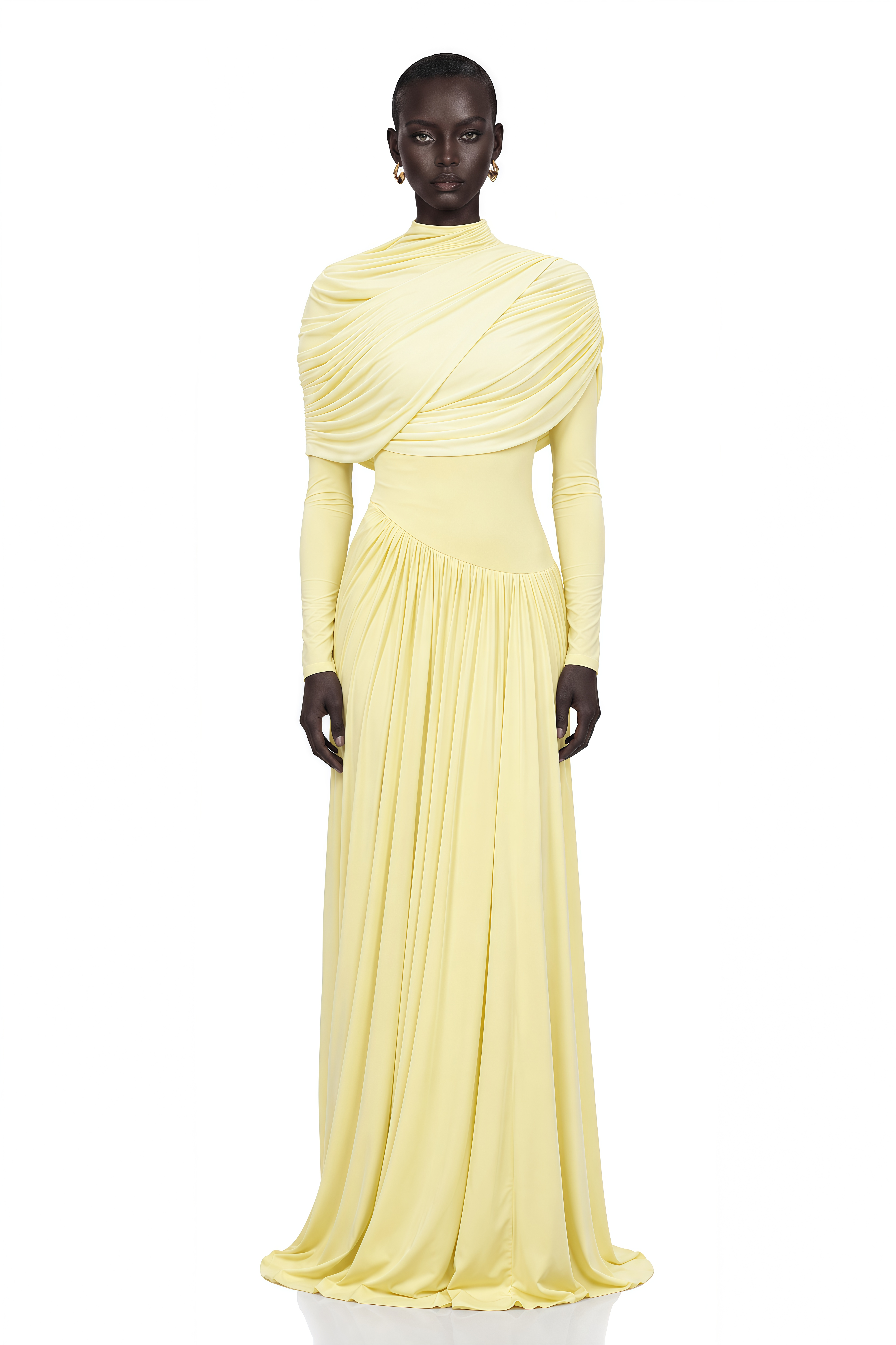 Catherine Yellow Asymmetrical Pleated Long-Sleeve Maxi Dress