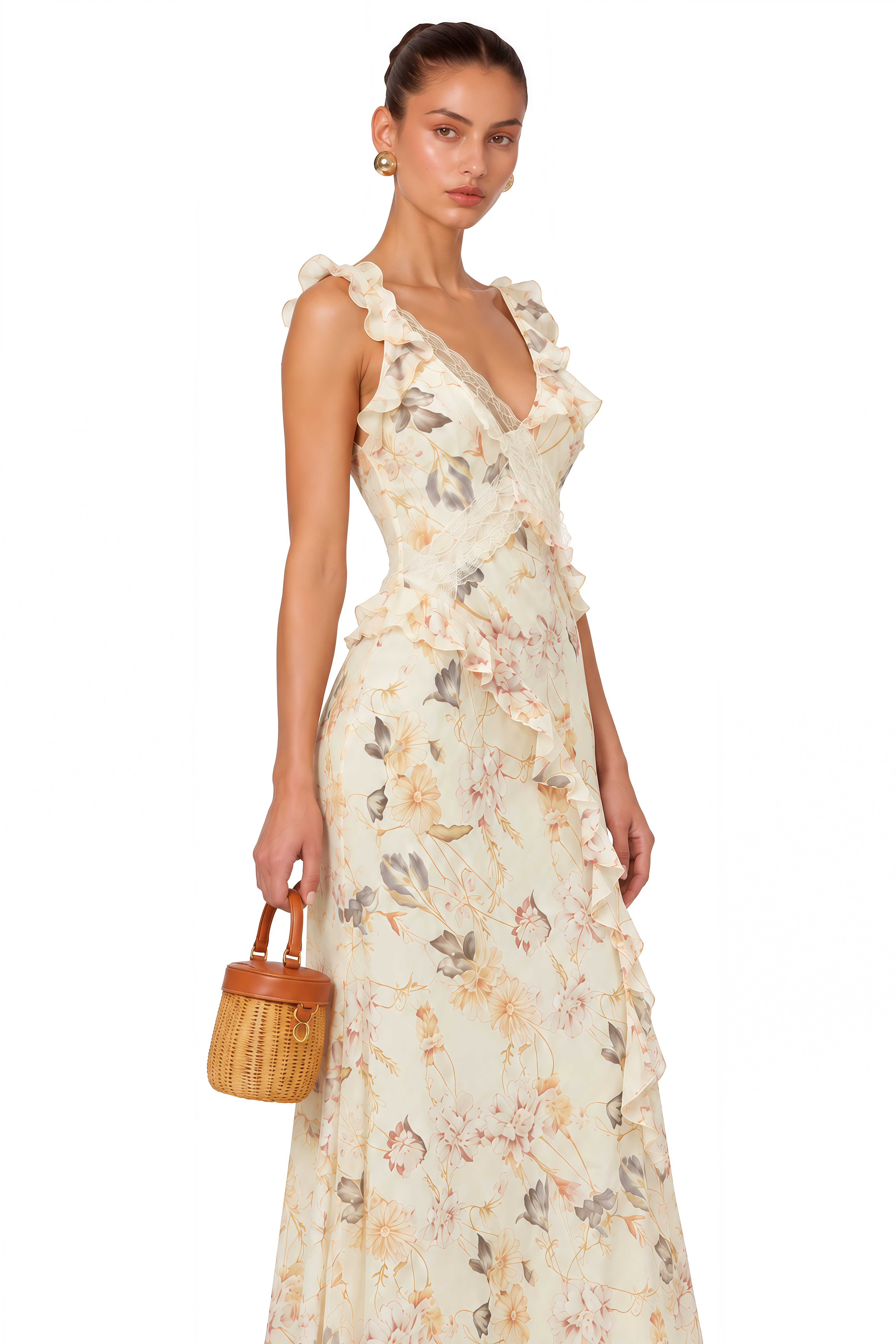 Teresa Cream Floral Print Midi Dress with Lace Panels
