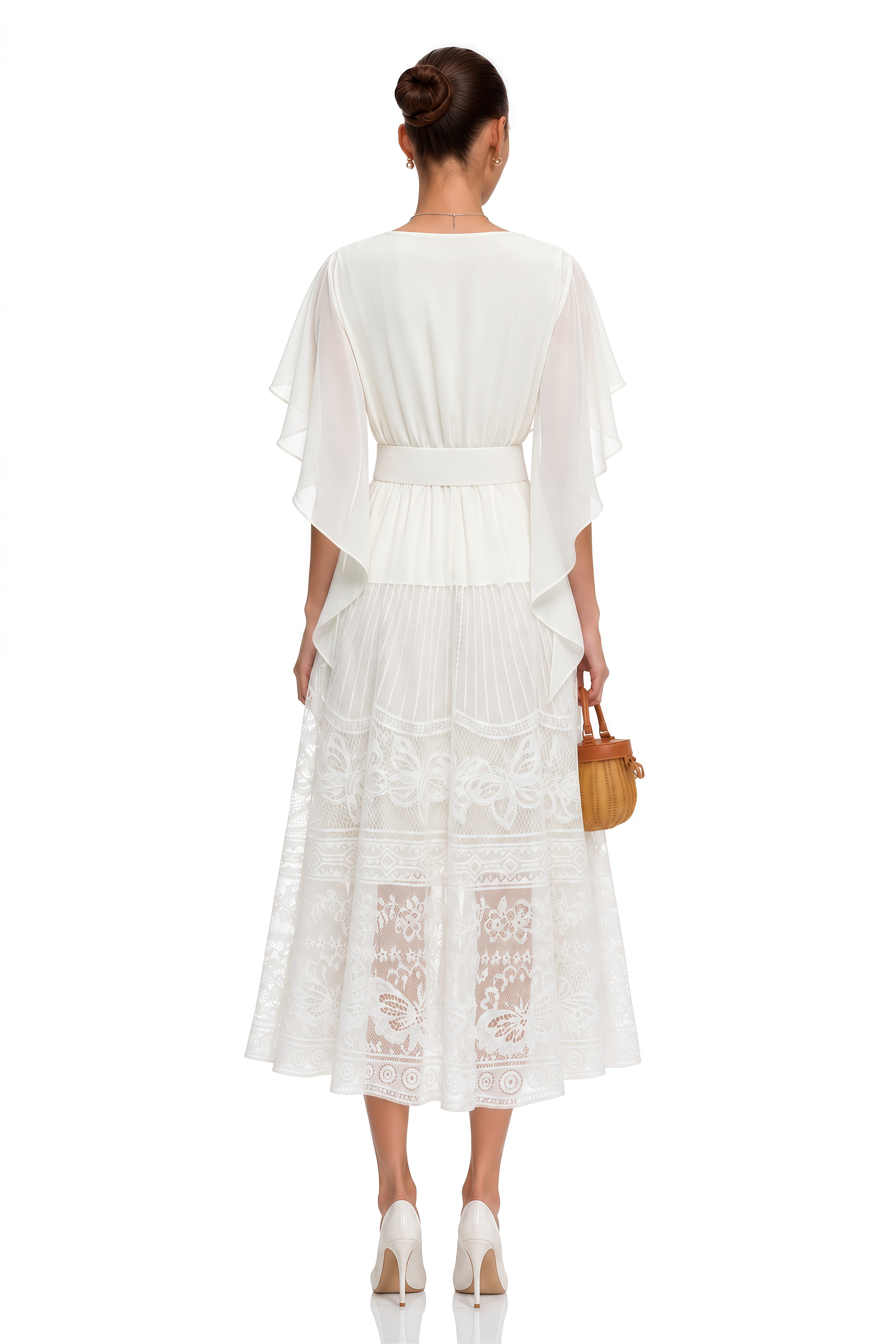 Yolaine White Cowl Neck Midi Dress with Lace Panels