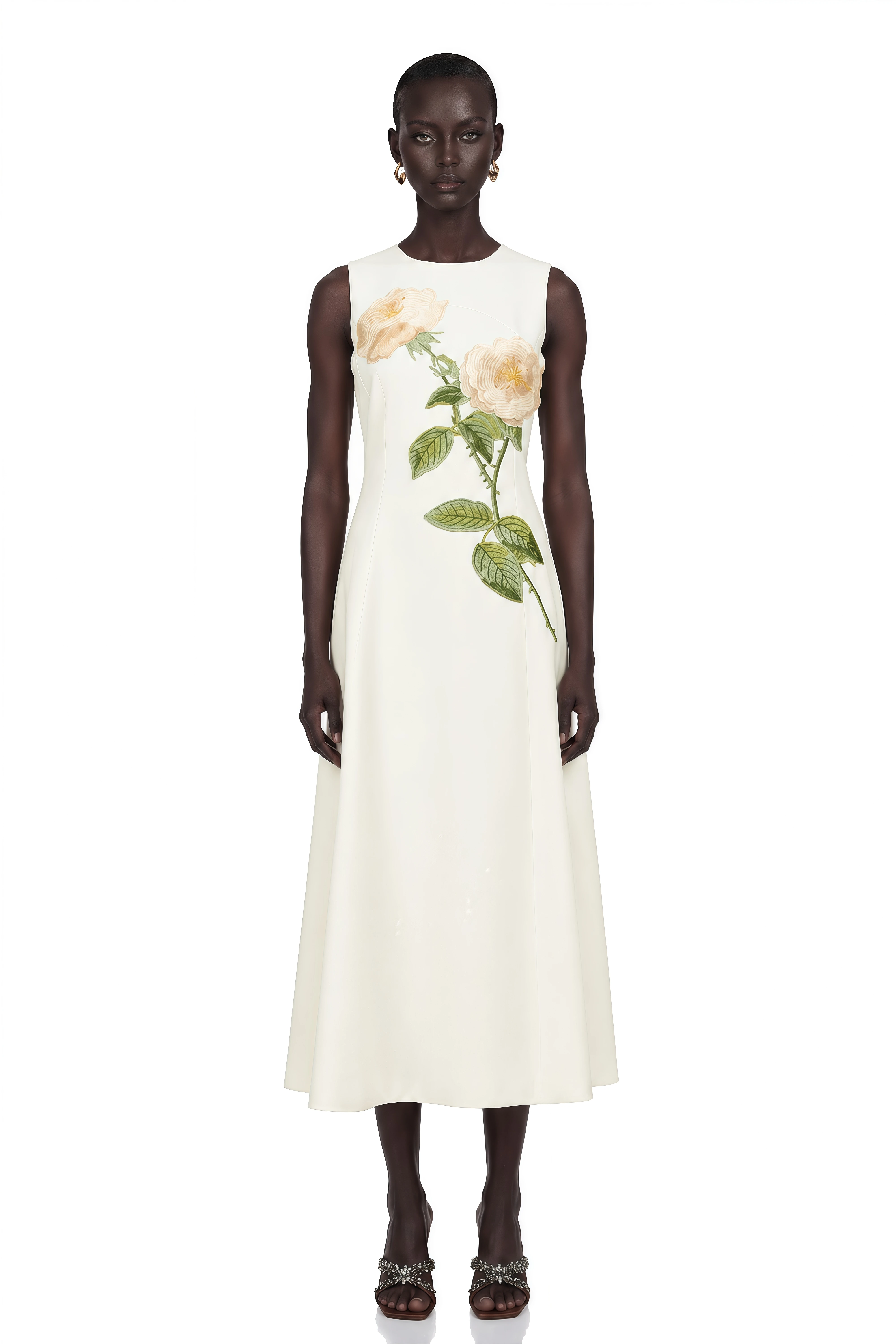Mackenzie White Floral Embroidered Midi Dress