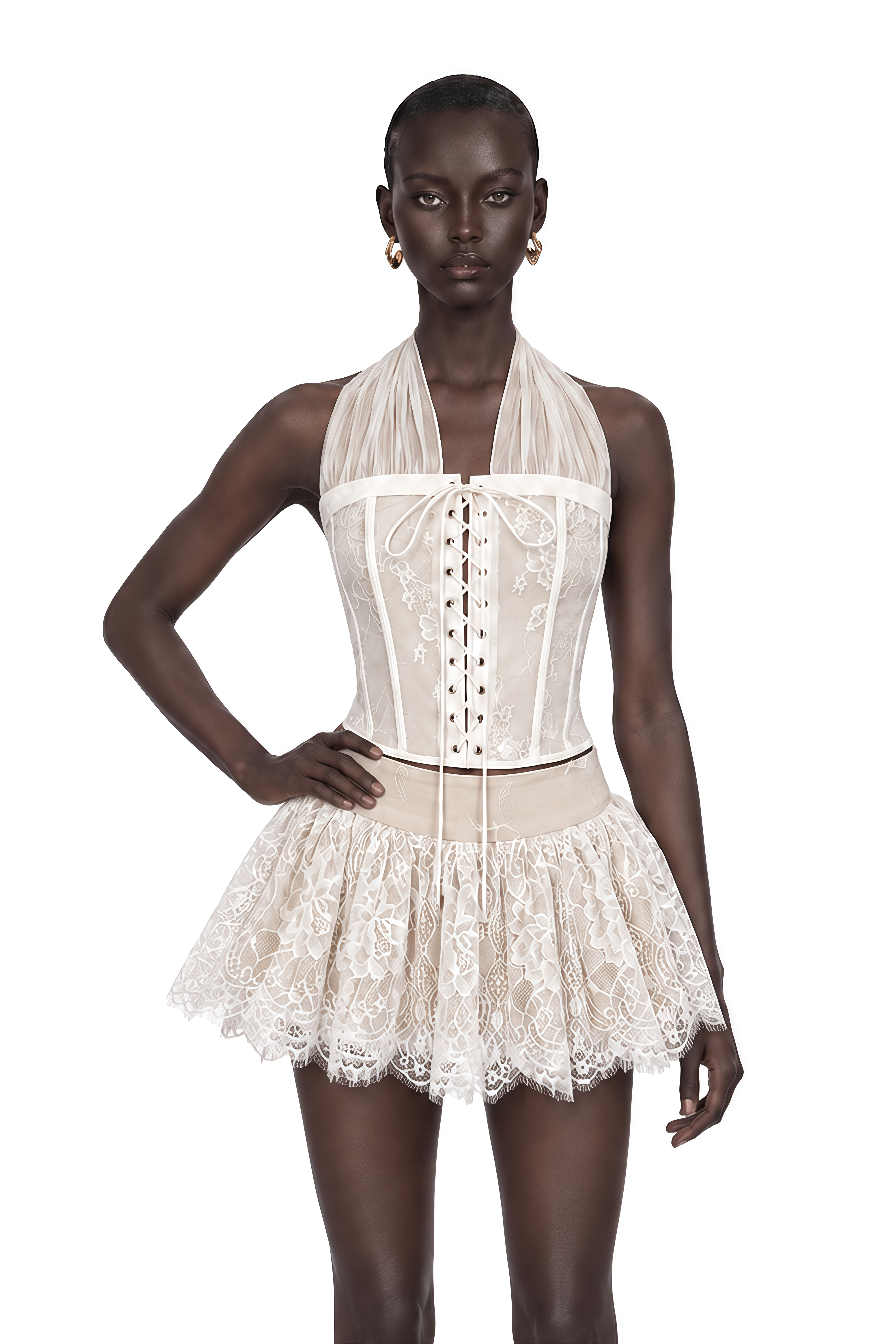 Lois Cream Halterneck Lace Ruffled Top & Skirt Set