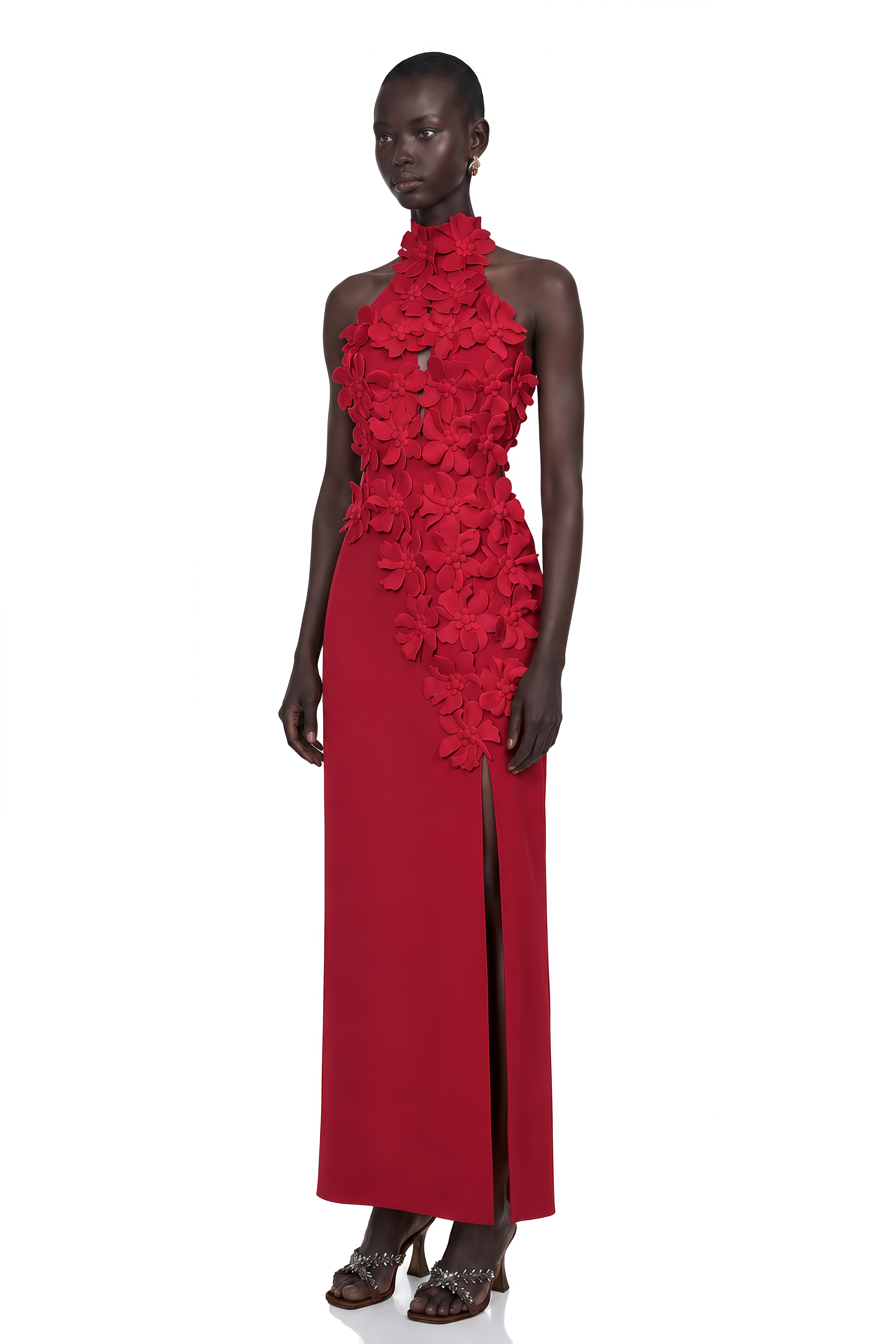 Brian Red Halterneck 3D Petal Maxi Dress
