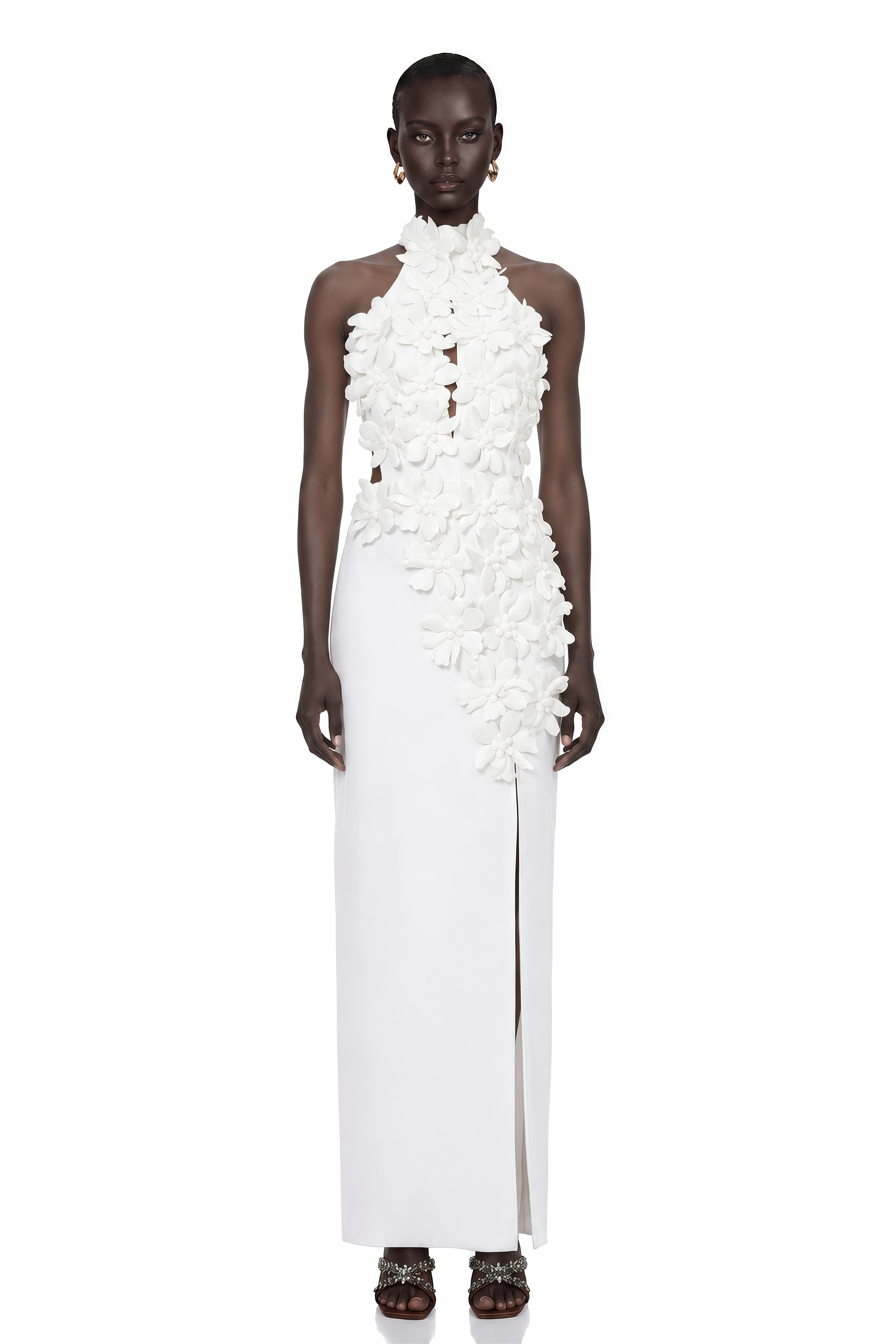 Brian White Halterneck 3D Petal Maxi Dress