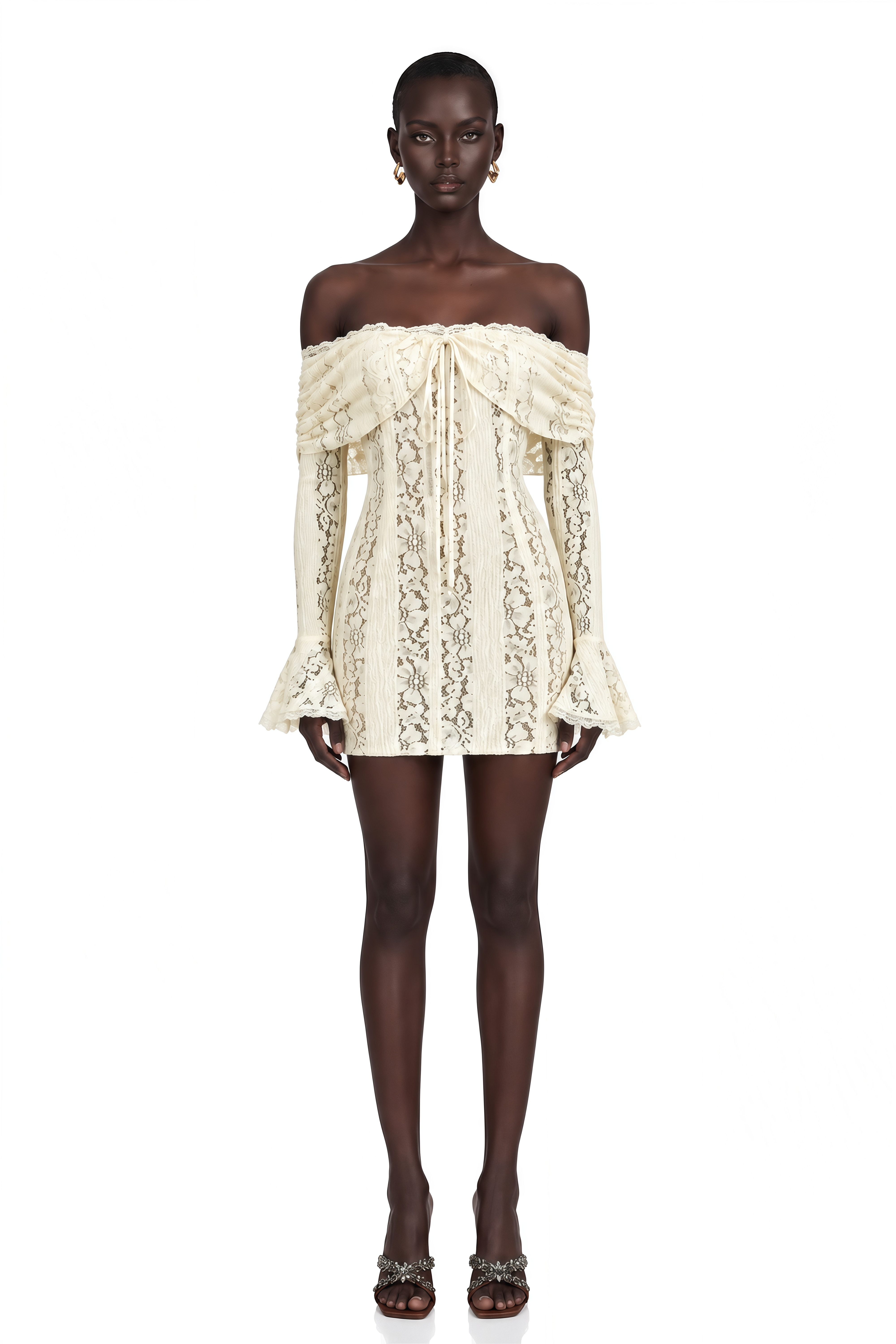 Émeline Floral Lace Flared-Cuff Mini Dress in Neutrals