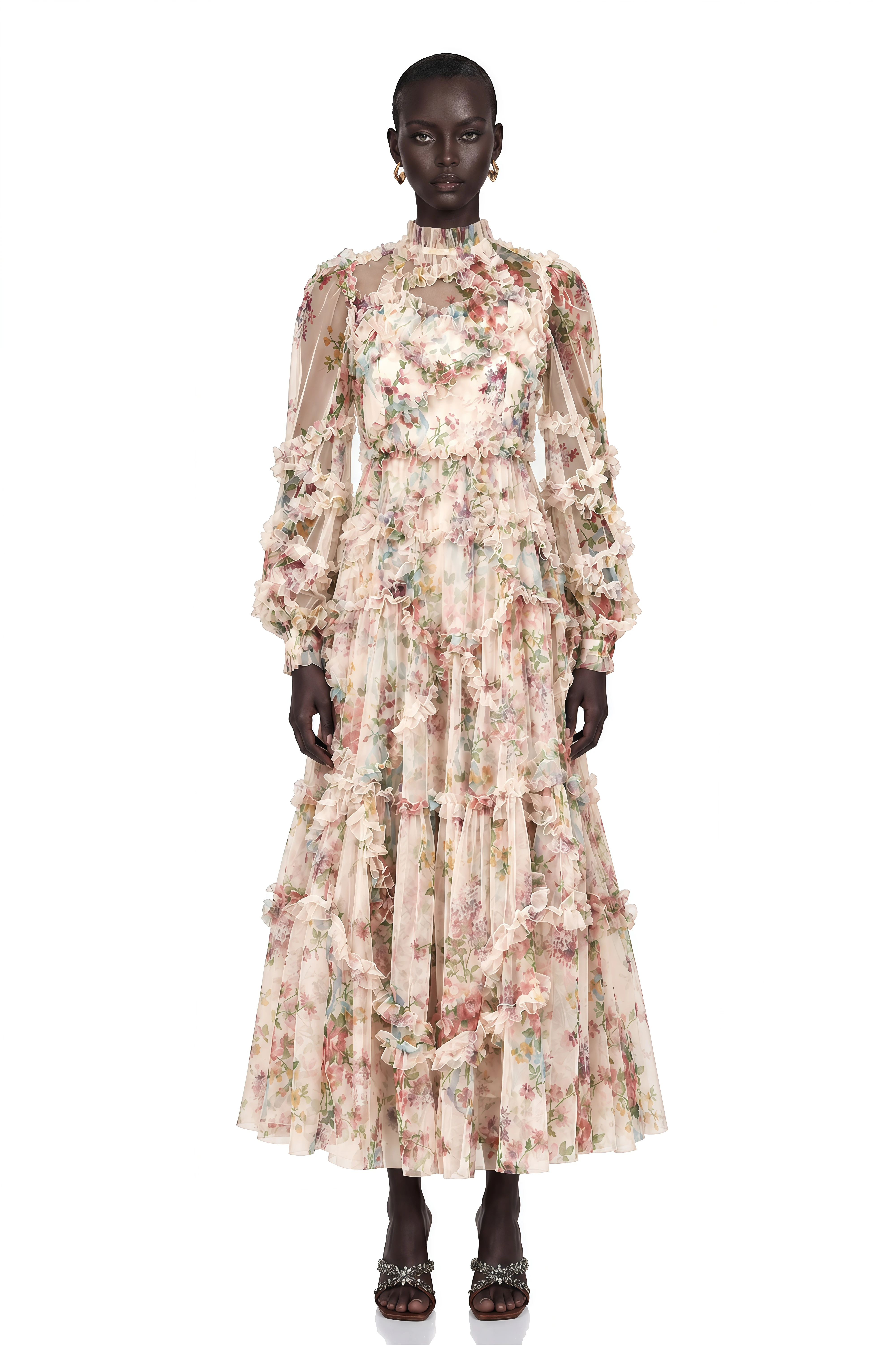 Candice Floral Ruffled Tulle Midi Dress