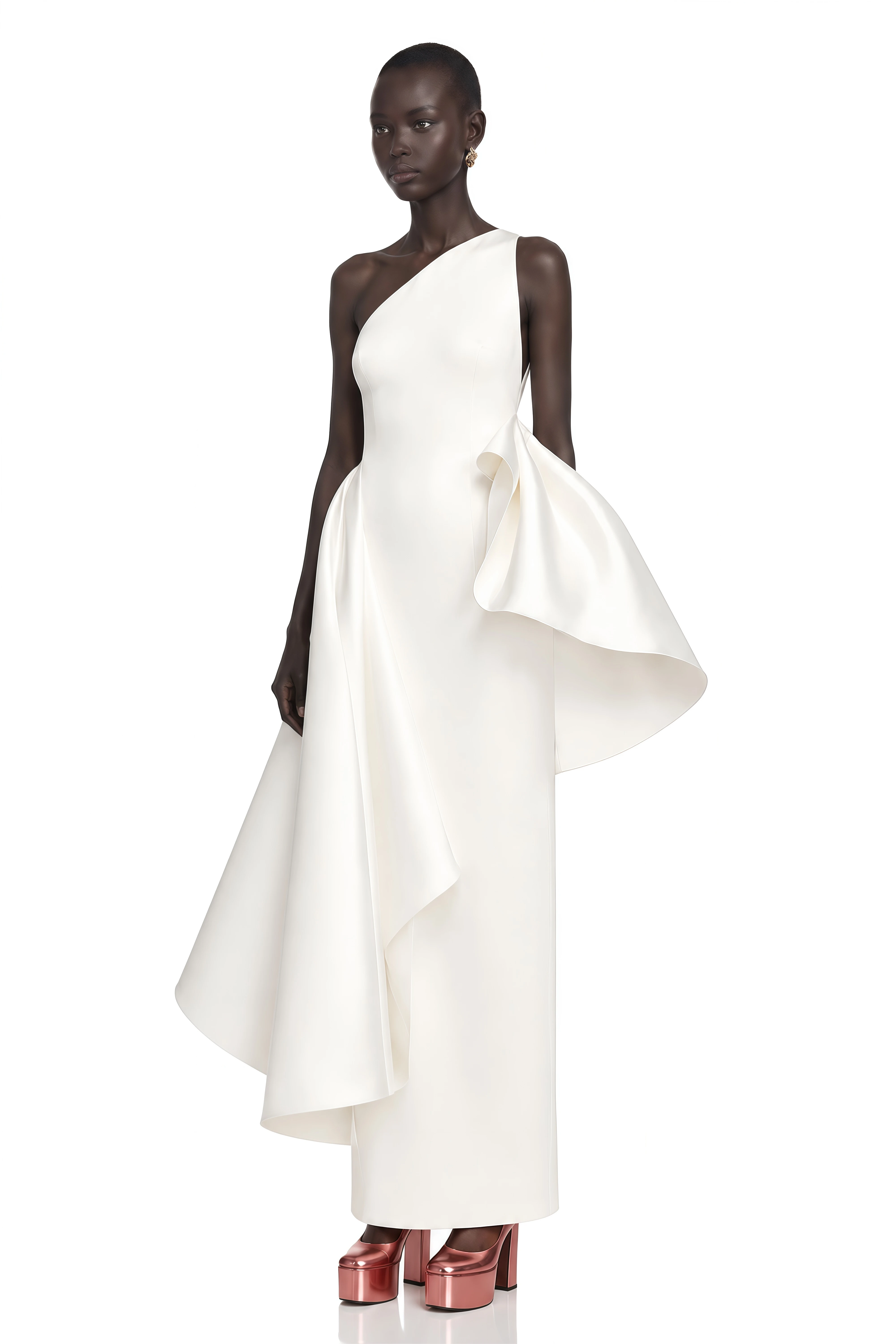 Arya Ivory One Shoulder Sculptural Draped Maxi Dress