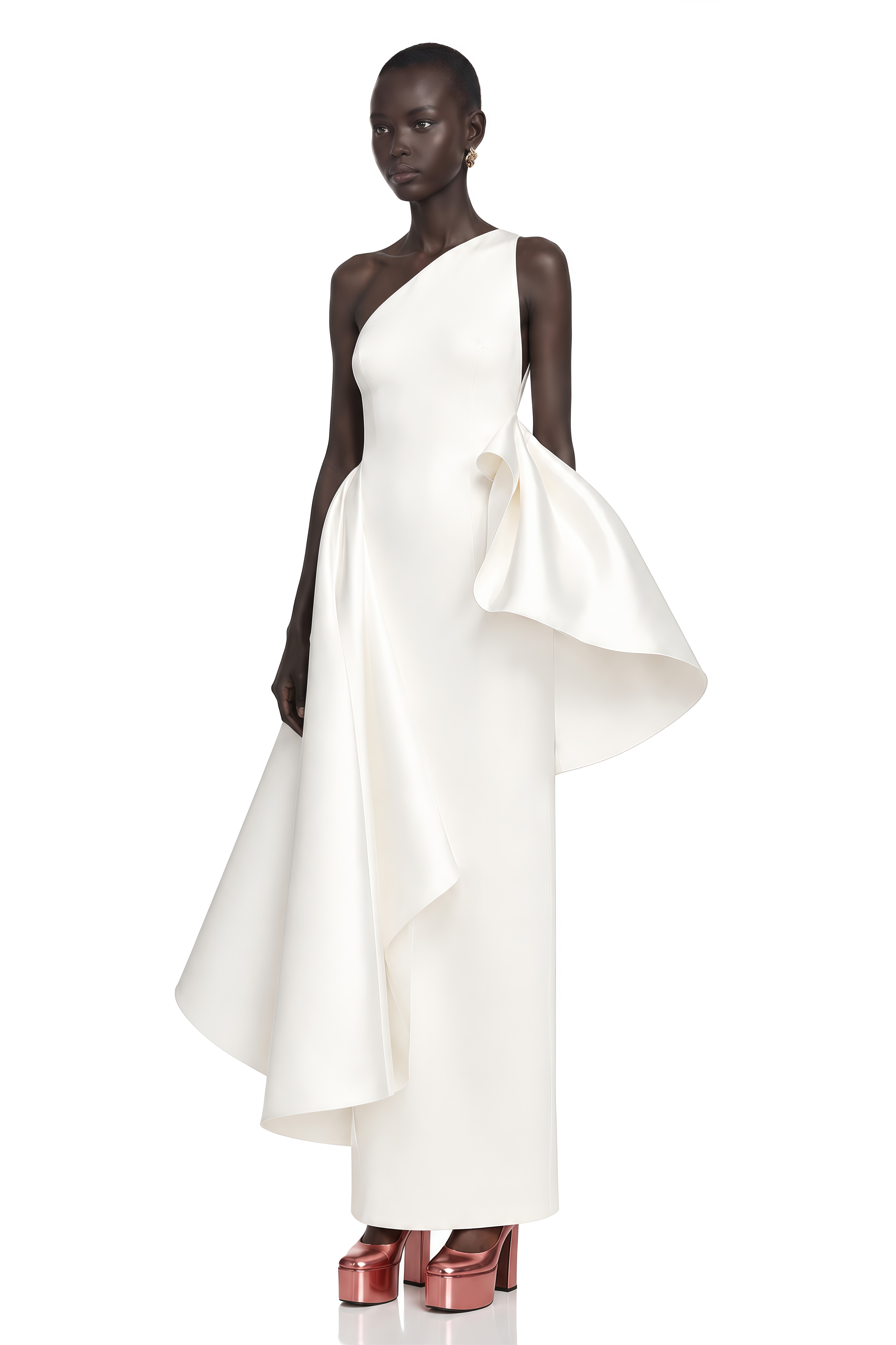 Arya Ivory One Shoulder Sculptural Draped Maxi Dress