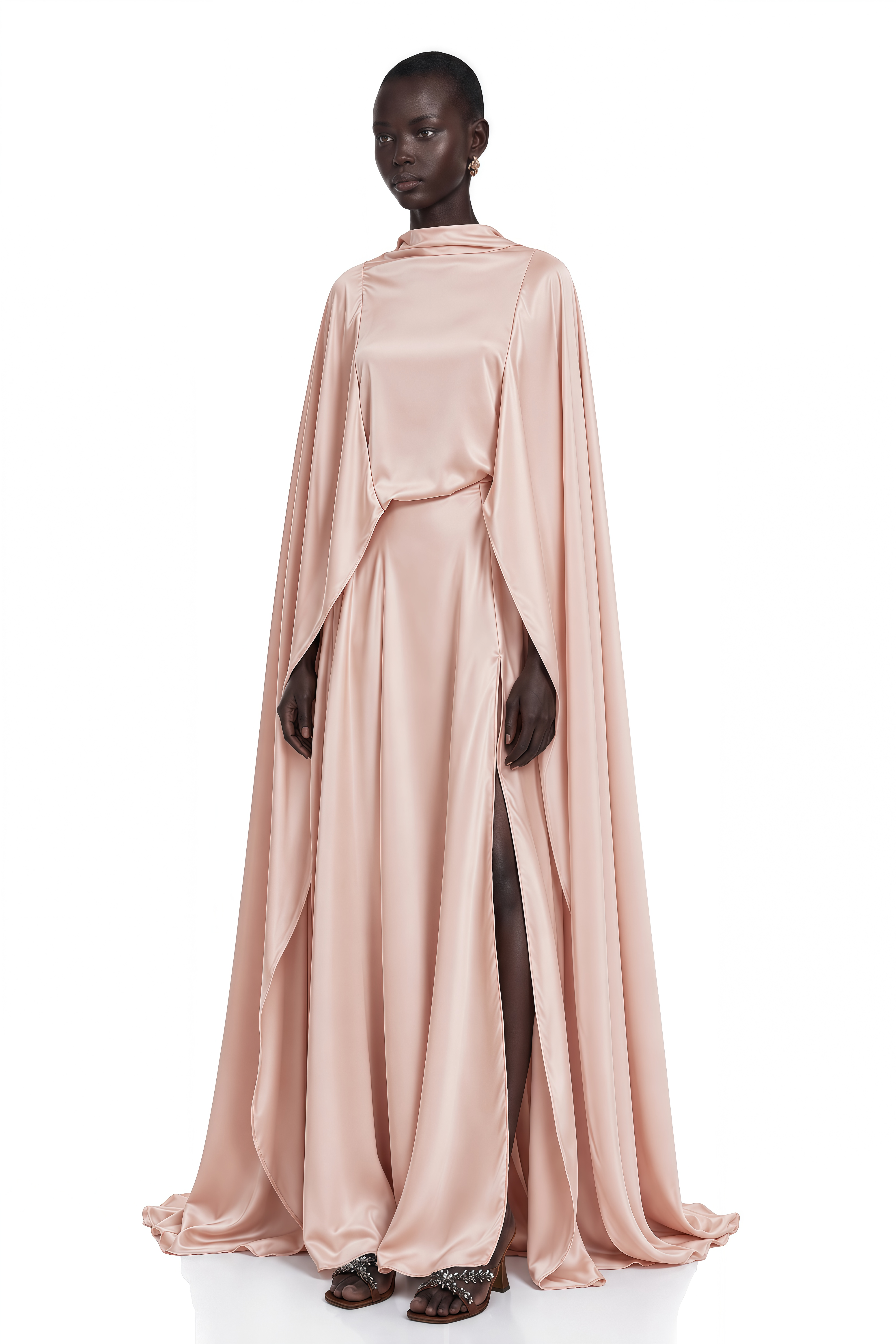Everleigh Champagne Satin Top & Skirt Set With Cape Detail