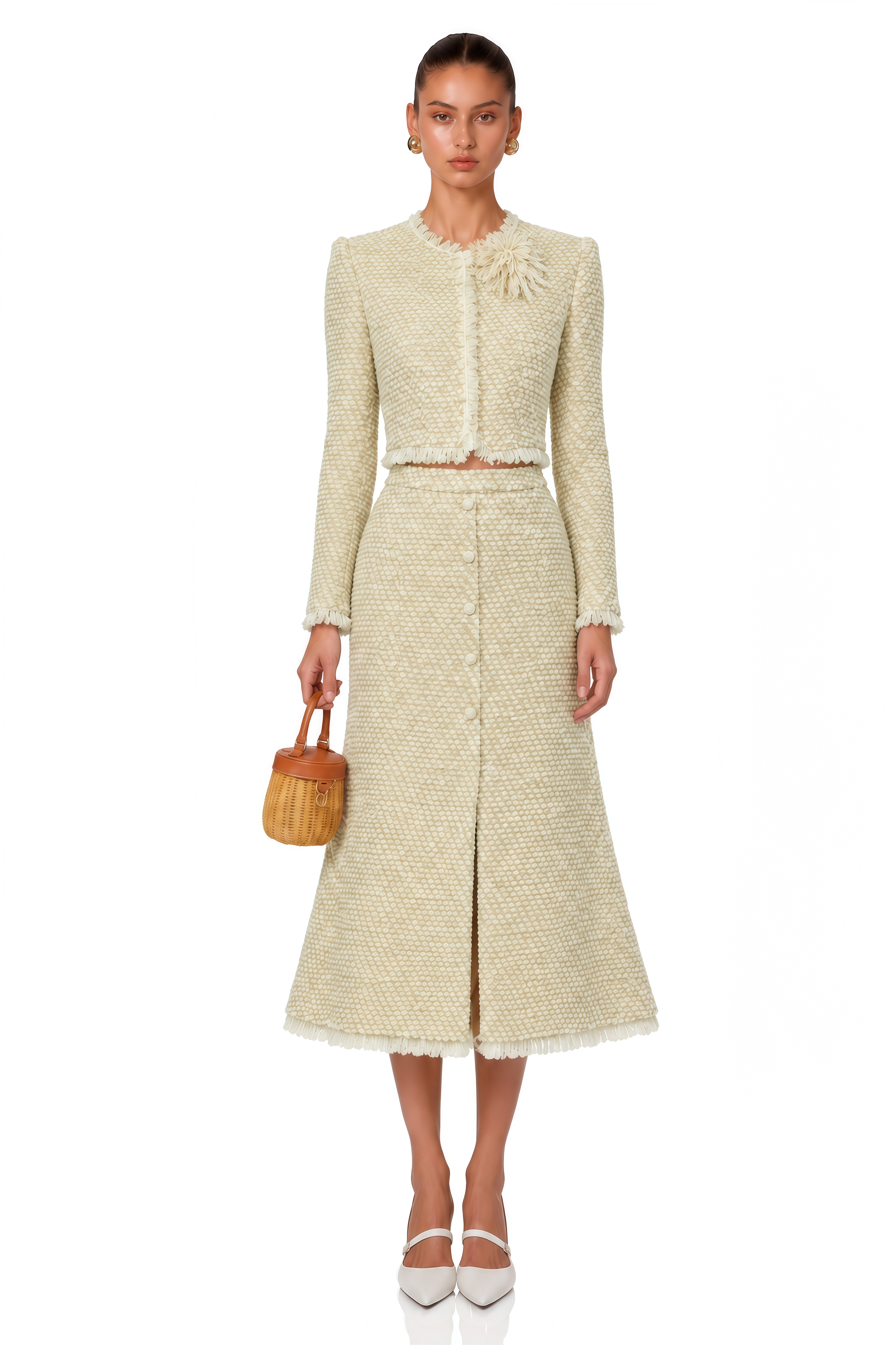 Briony Beige Tweed Jacket & Skirt Set with Fringe