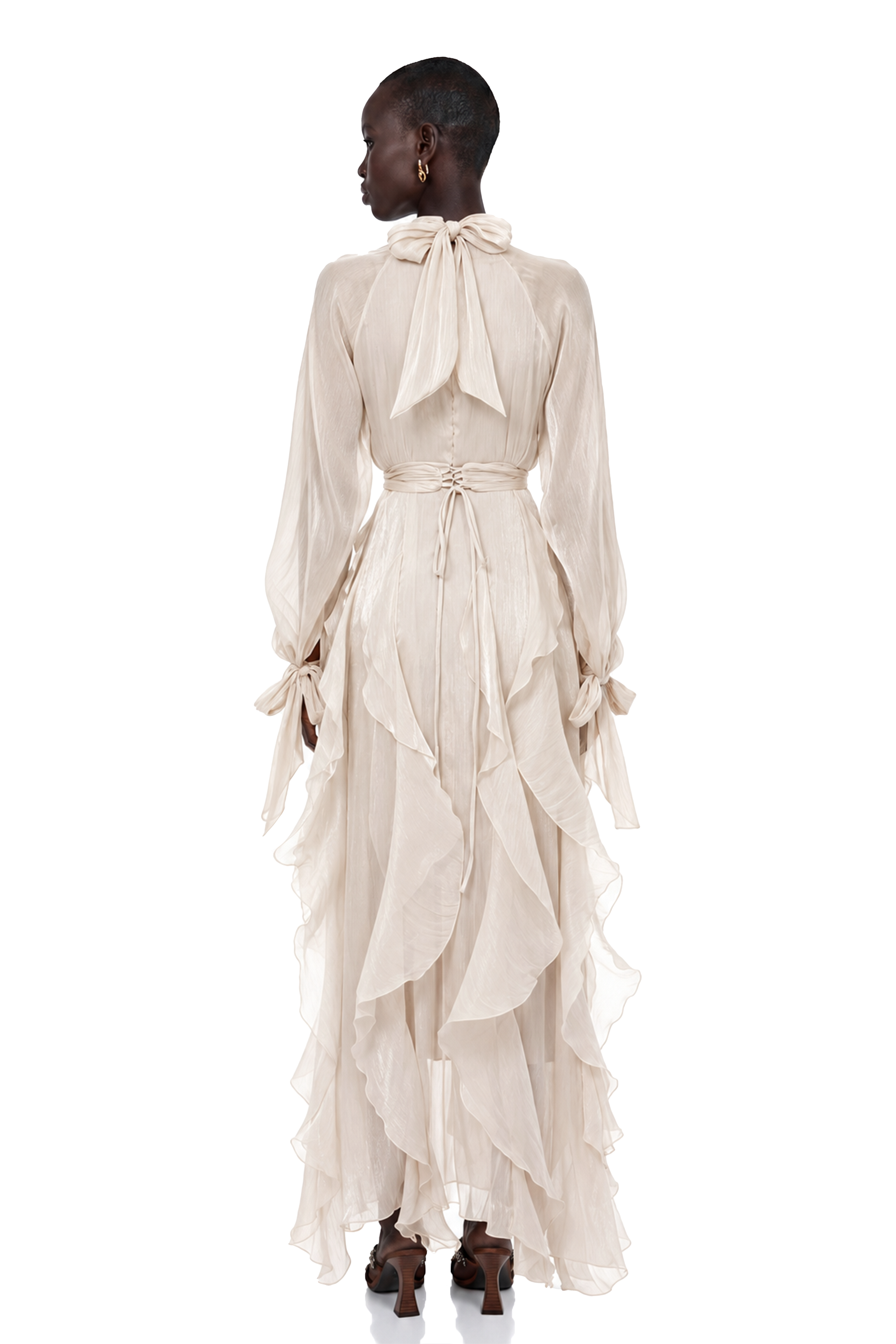 Zélie Neutral Glossy Pleated Ruffled Maxi dress