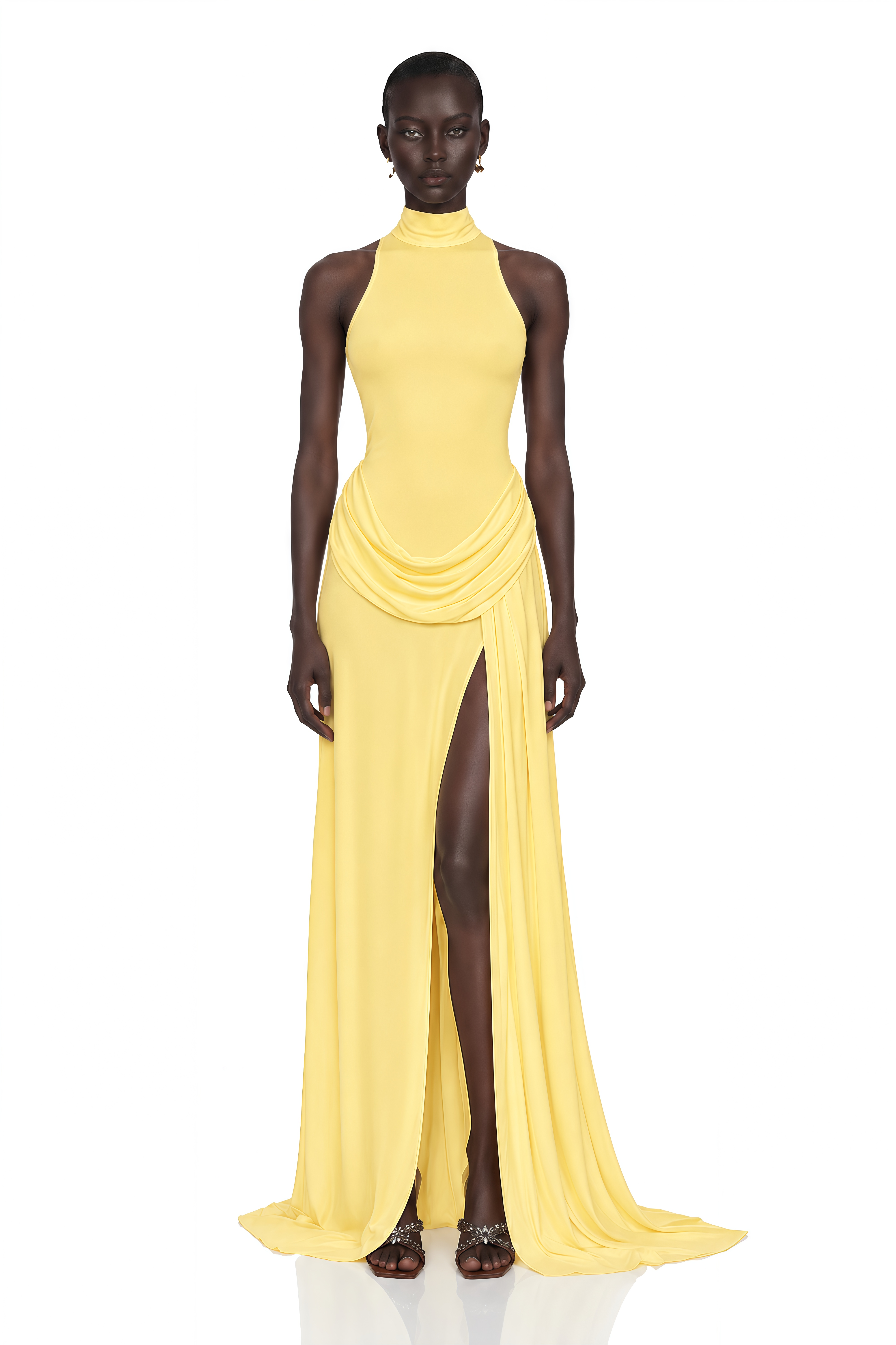Mystérieuse Yellow Turtleneck Draped Maxi Dress