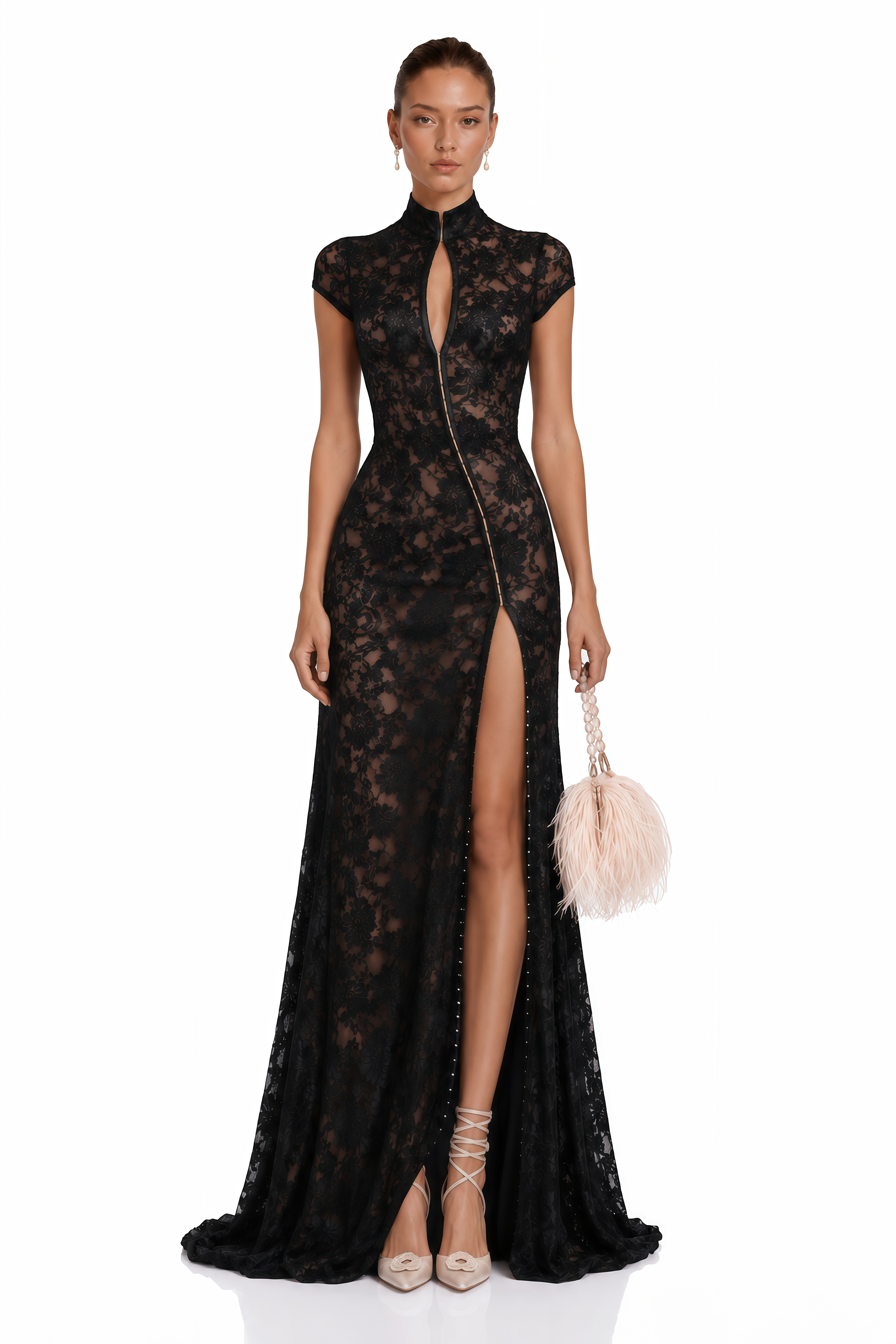 high thigh slit dress Andrea Black Keyhole Lace Maxi with – Miss Rosier Hidden zipper closure *
