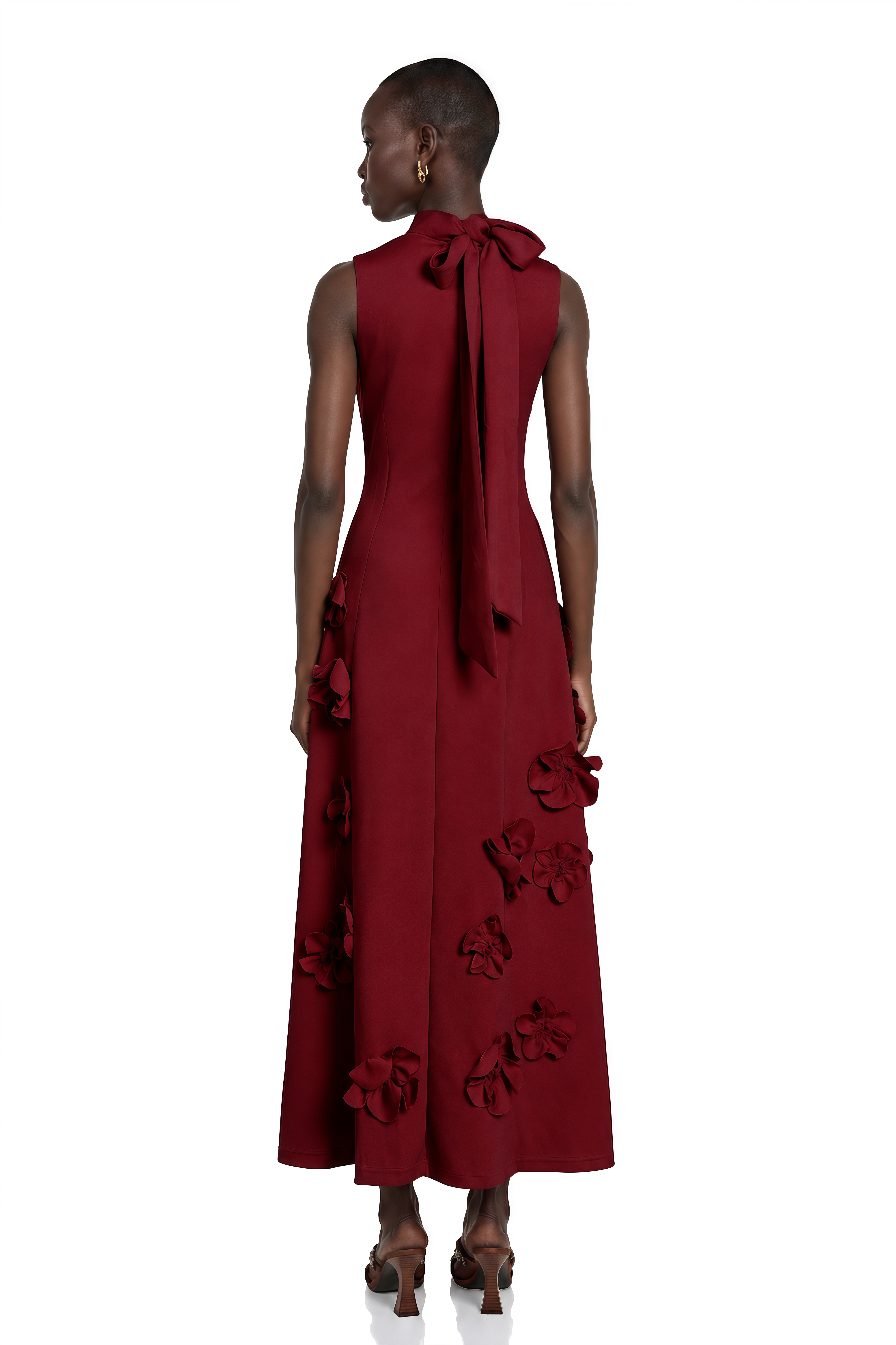 Magali Red Sleeveless Maxi Dress with Faux Flower & Bow-Tie Embellishment