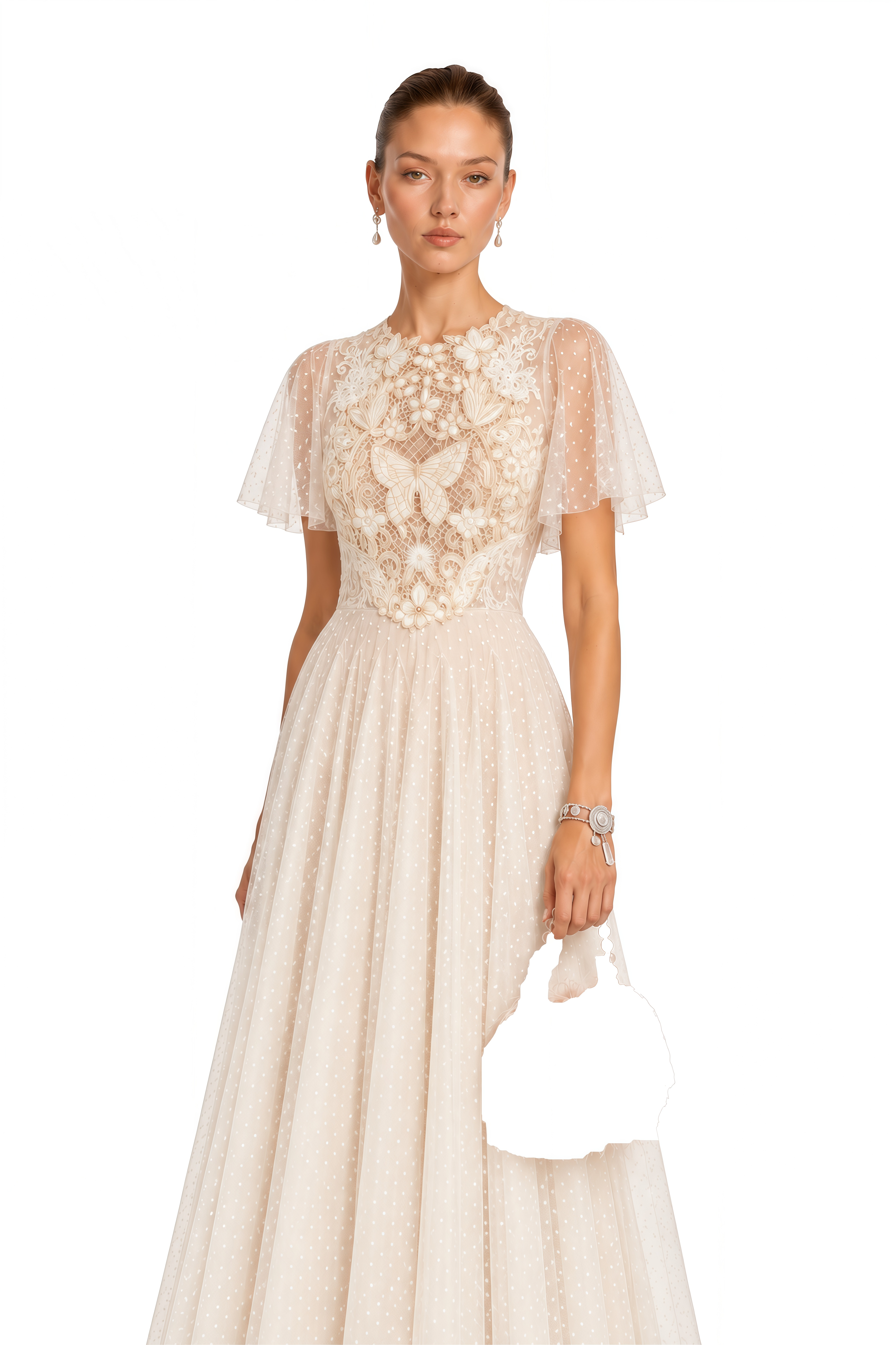 Nicolette Neutral Floral Applique Pleated Tulle Midi Dress