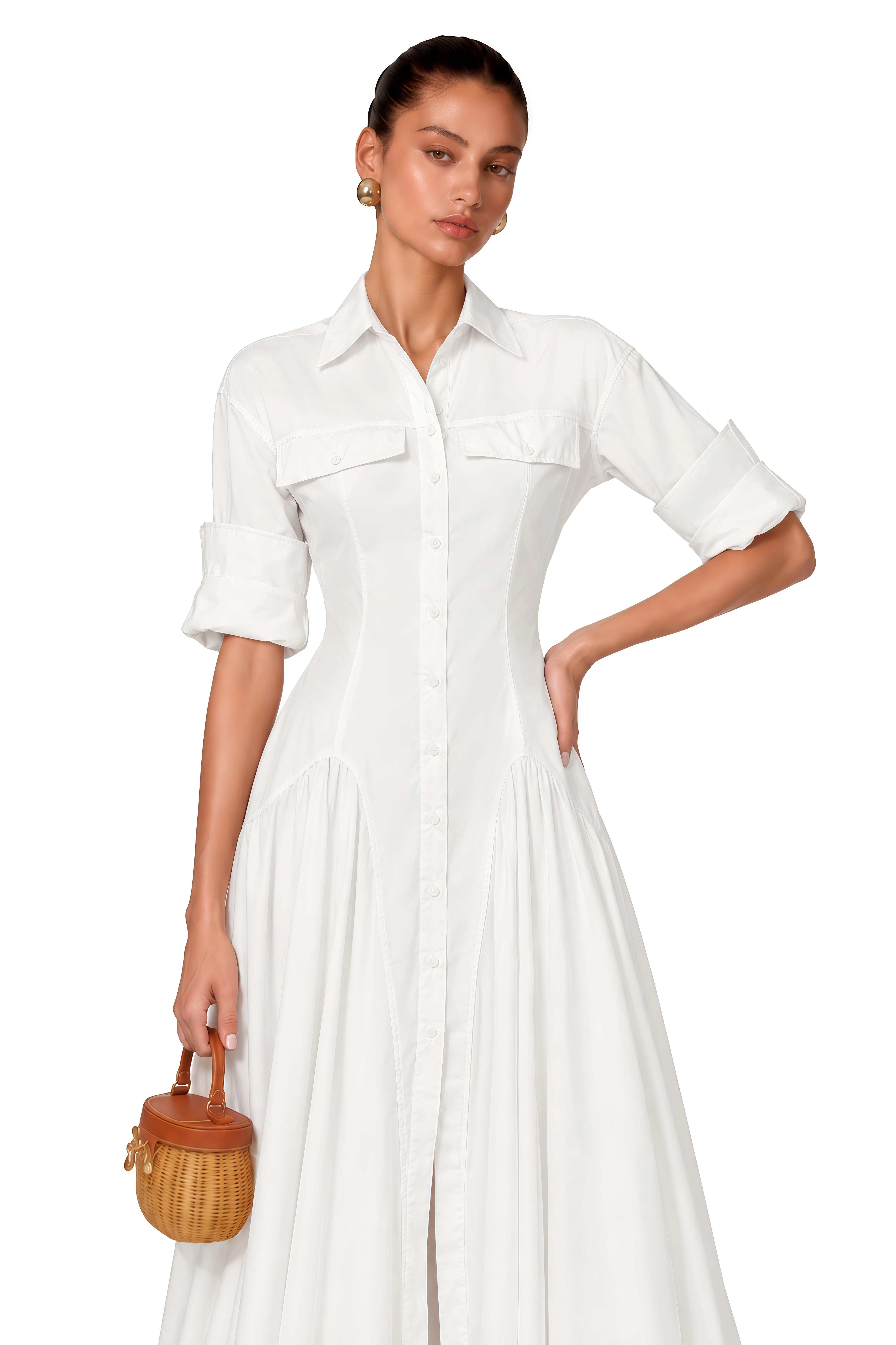 Dulcie White Front-Slit Shirred Shirt Dress