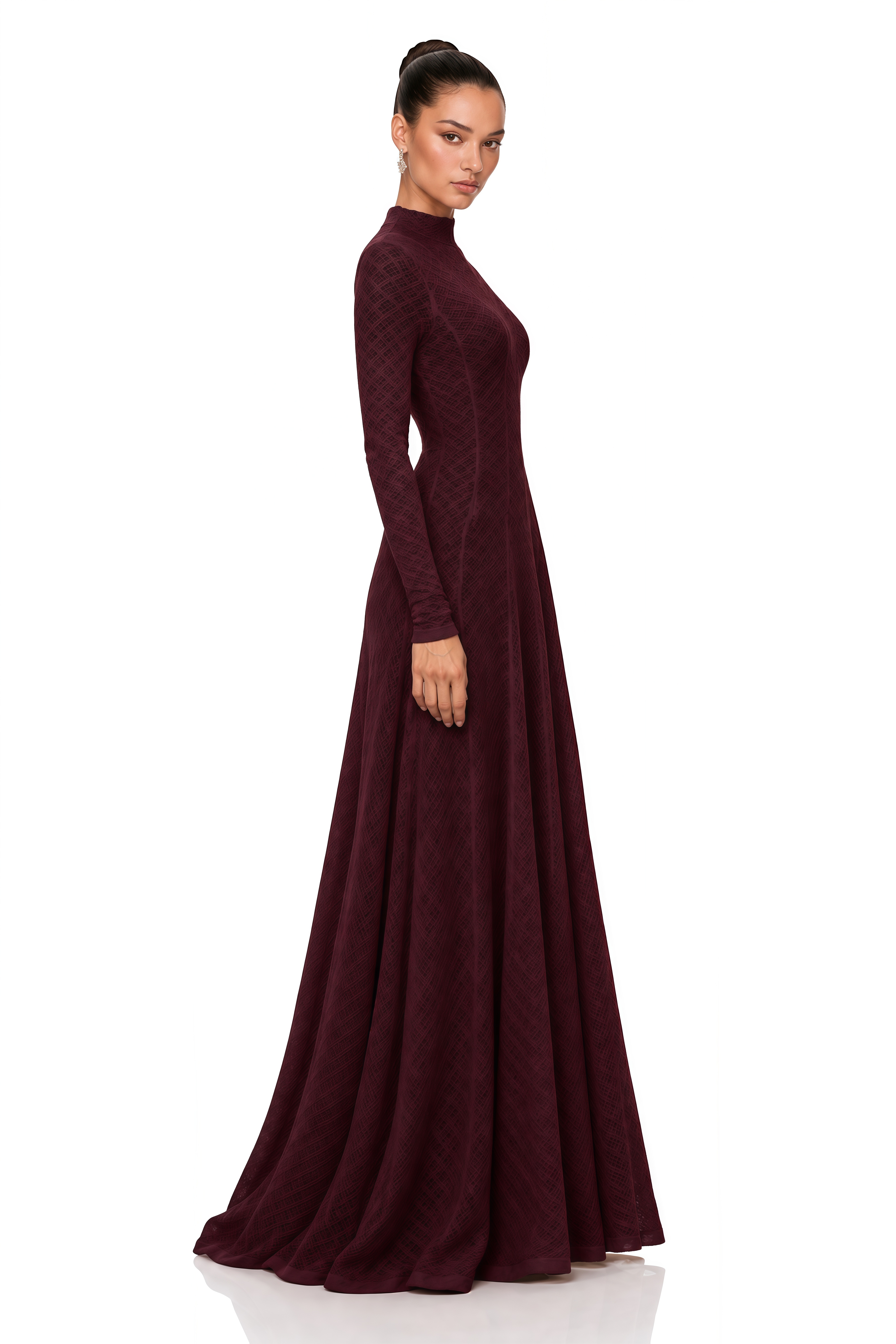 Athena Wavy-Pattern Lace Maxi Dress in Red
