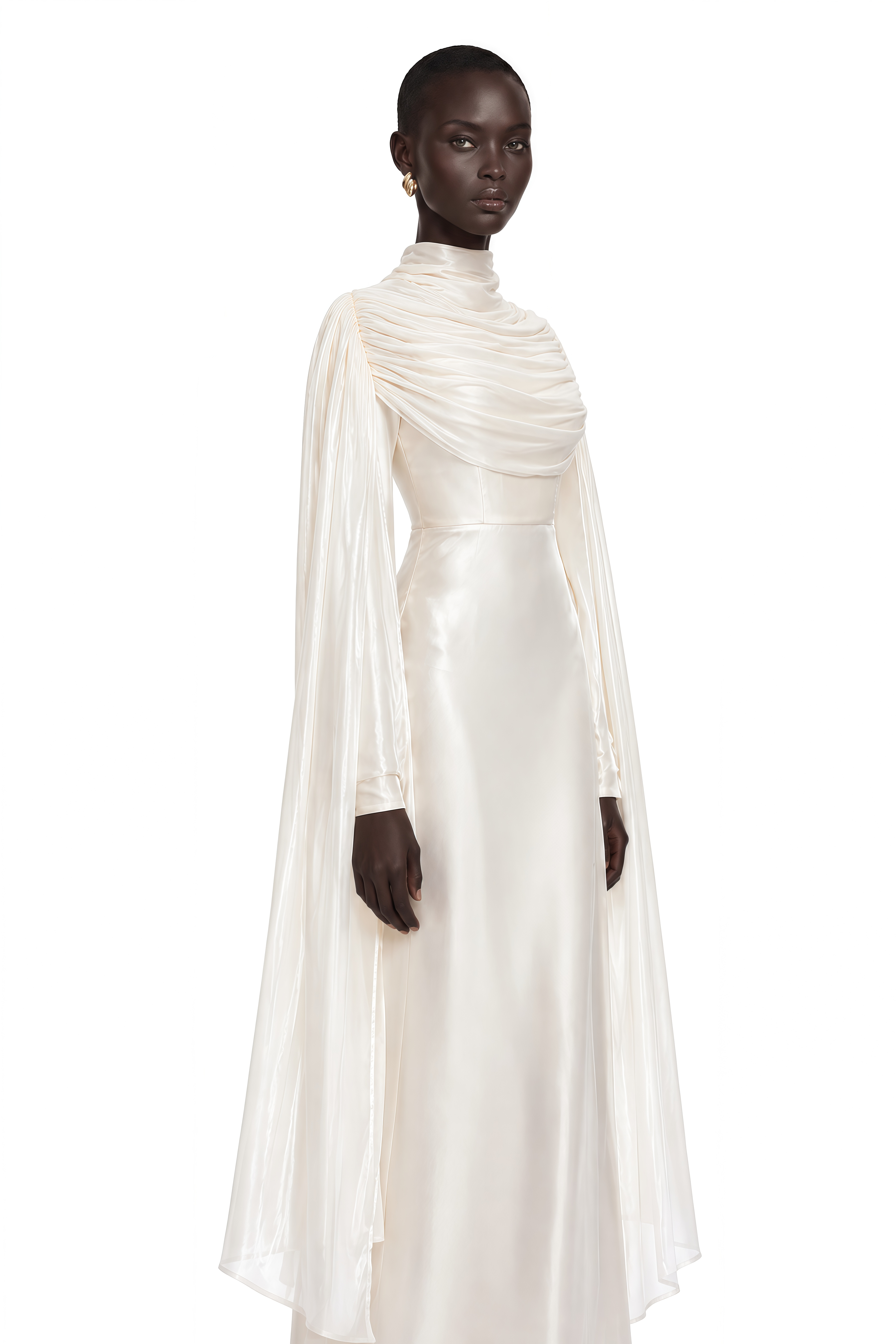 Hege Cream Glossy Ruched Cape Maxi Dress