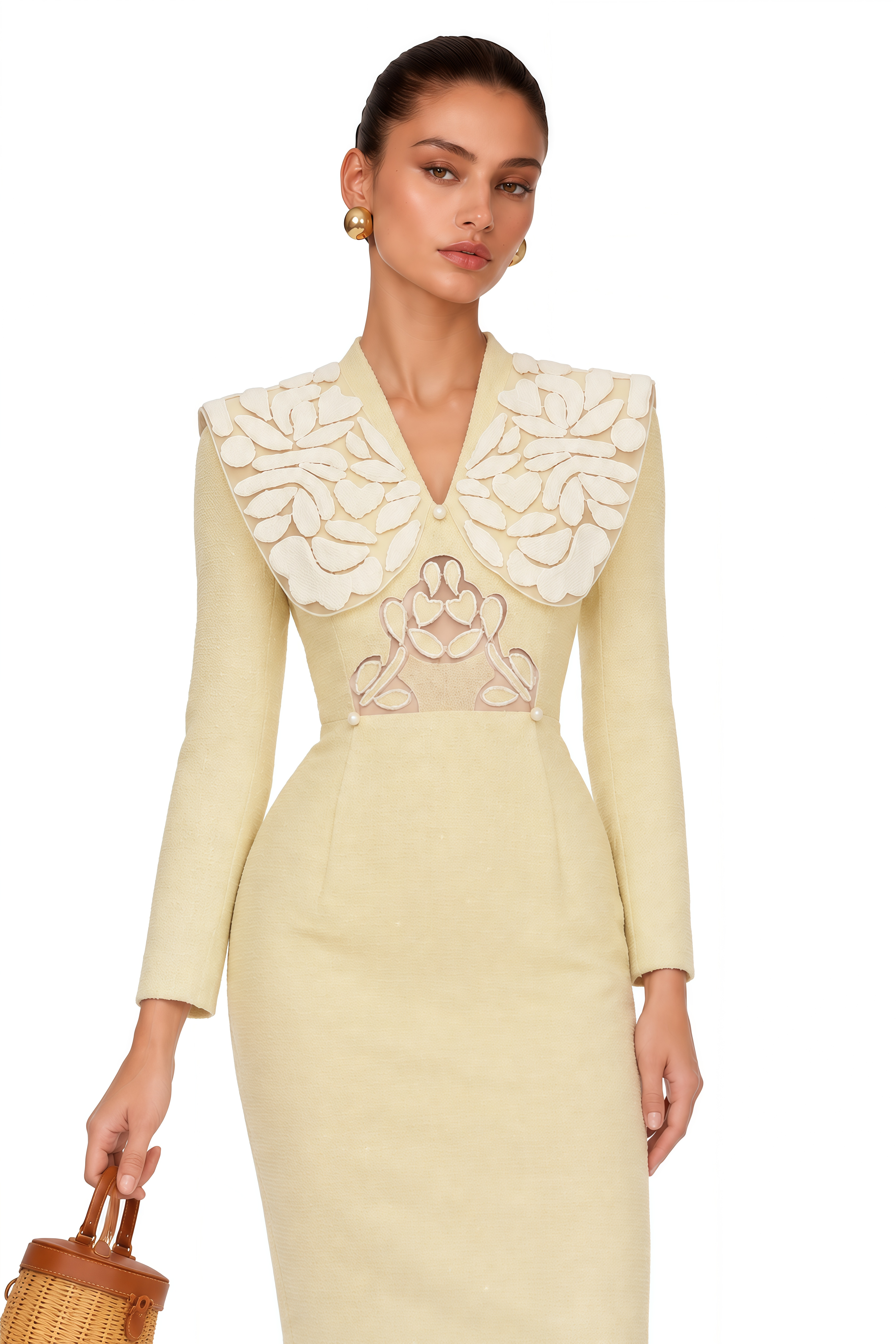 Philomene Yellow Midi Dress with Embroidered Collar