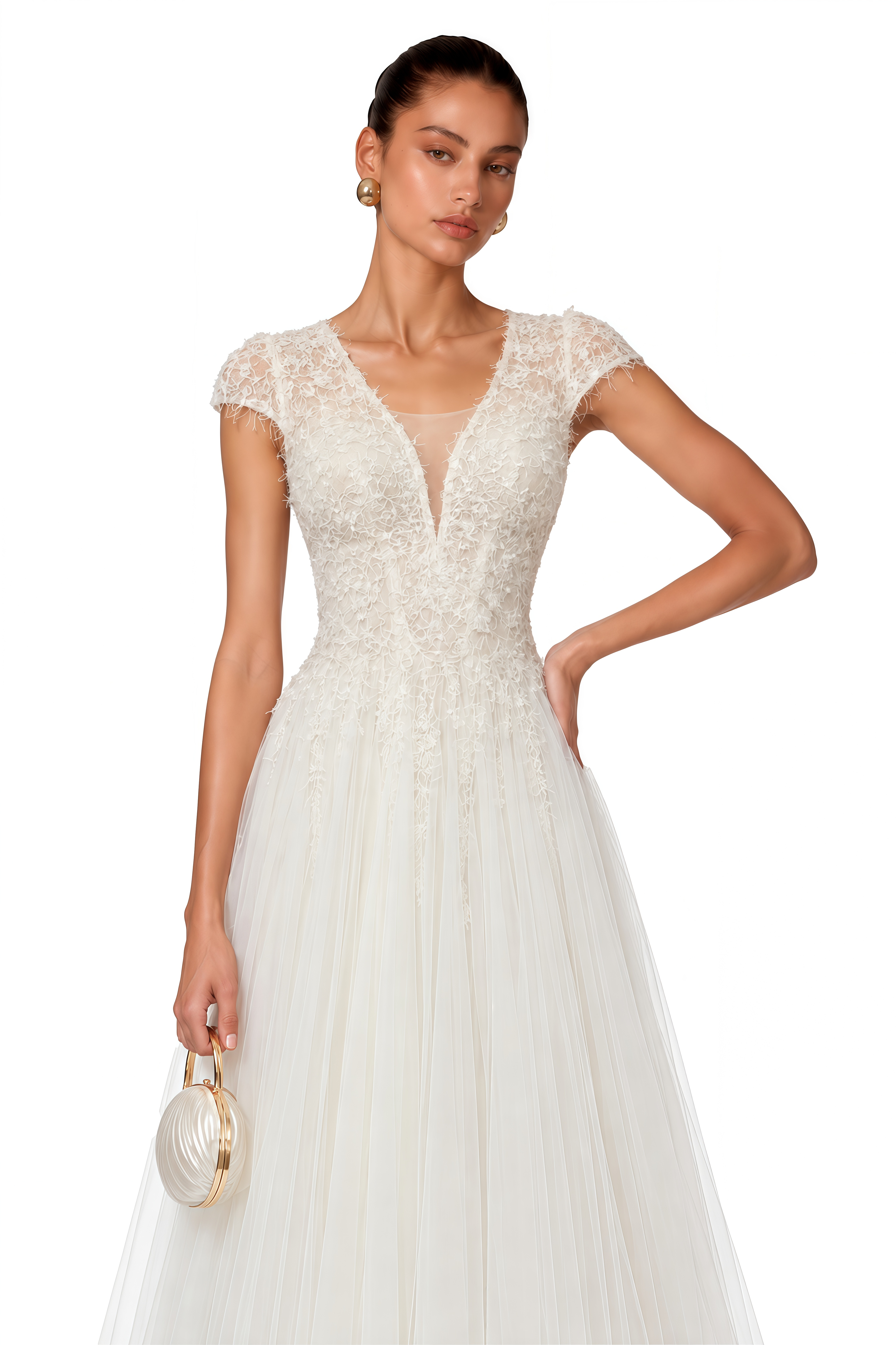Antonia White Plunge Neck Midi Dress with Cap Sleeves
