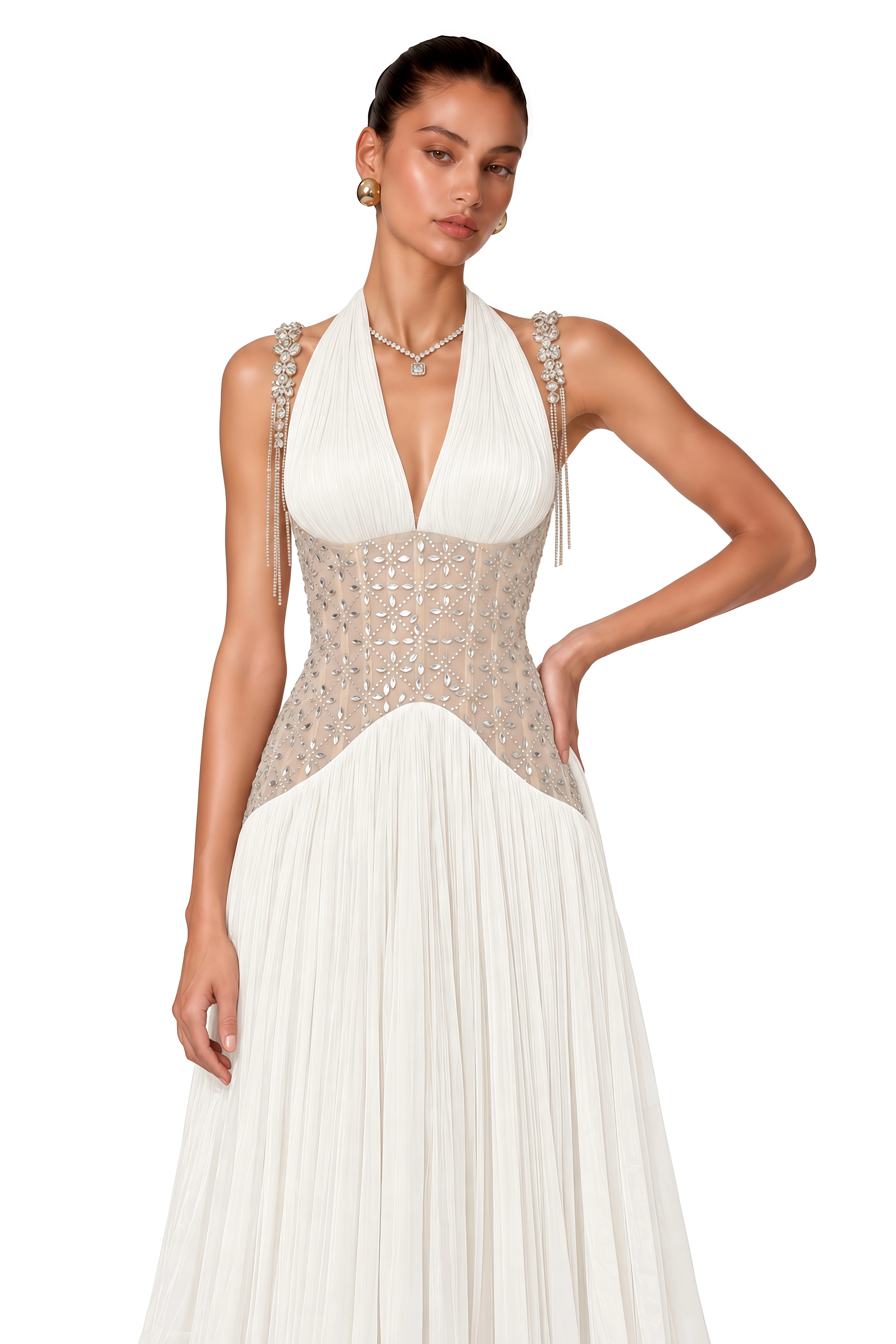 Gwenaëlle White Rhinestone Panel Maxi Dress