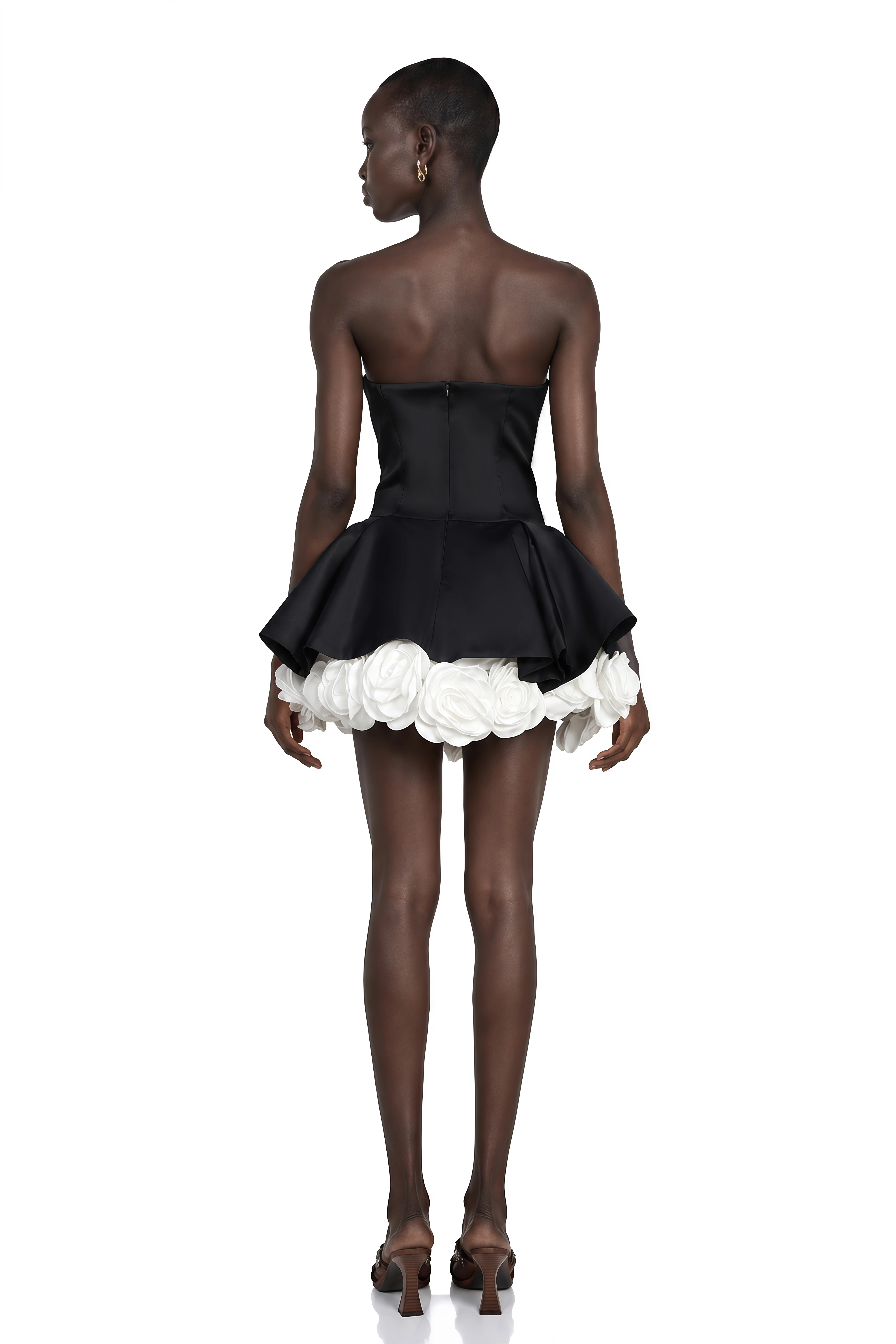 Lucie Black Petal-Layered Strapless Corset Mini Dress