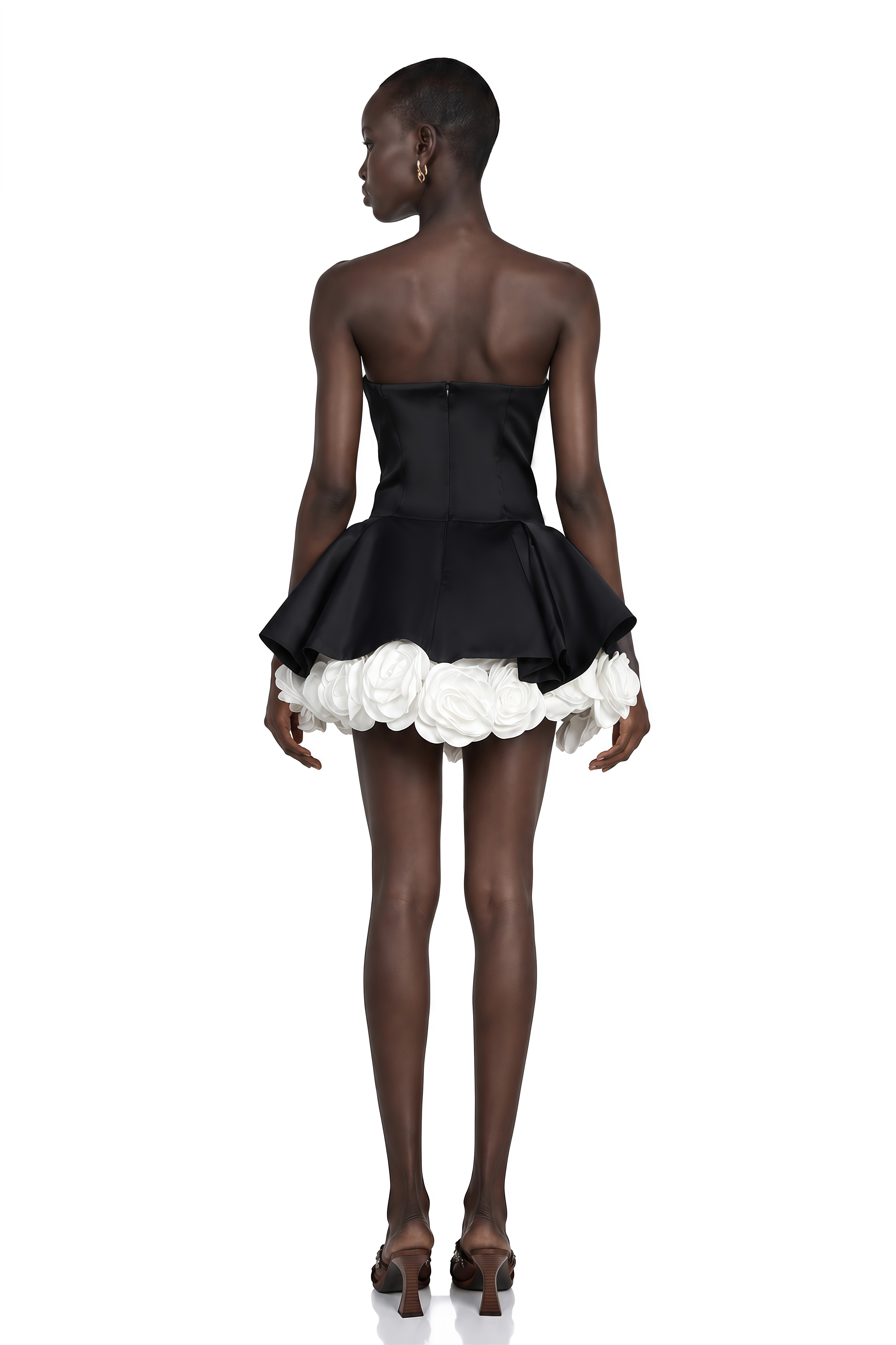 Lucie Black Petal-Layered Strapless Corset Mini Dress