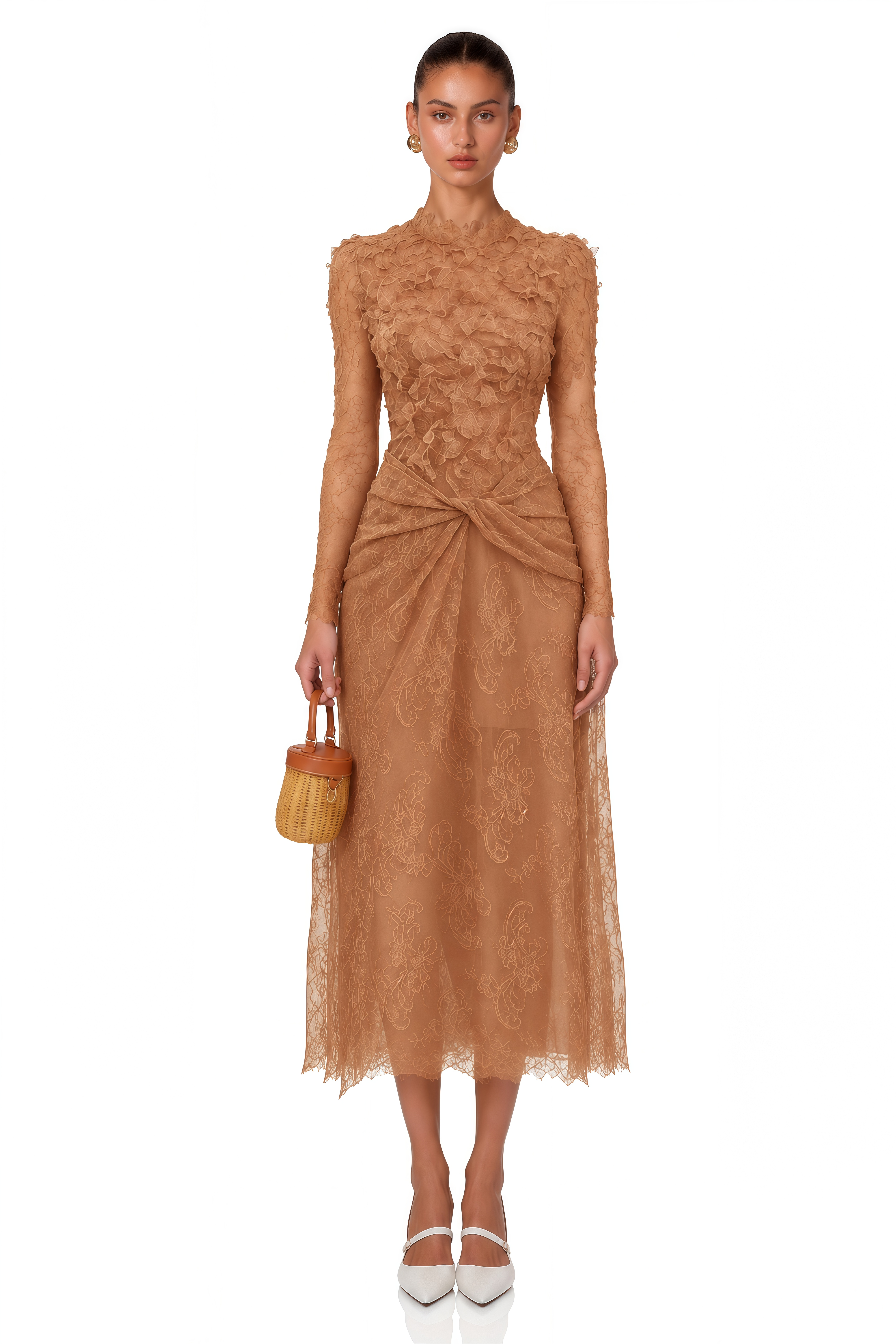Hadley Caramel Twisted Floral Lace Midi Dress