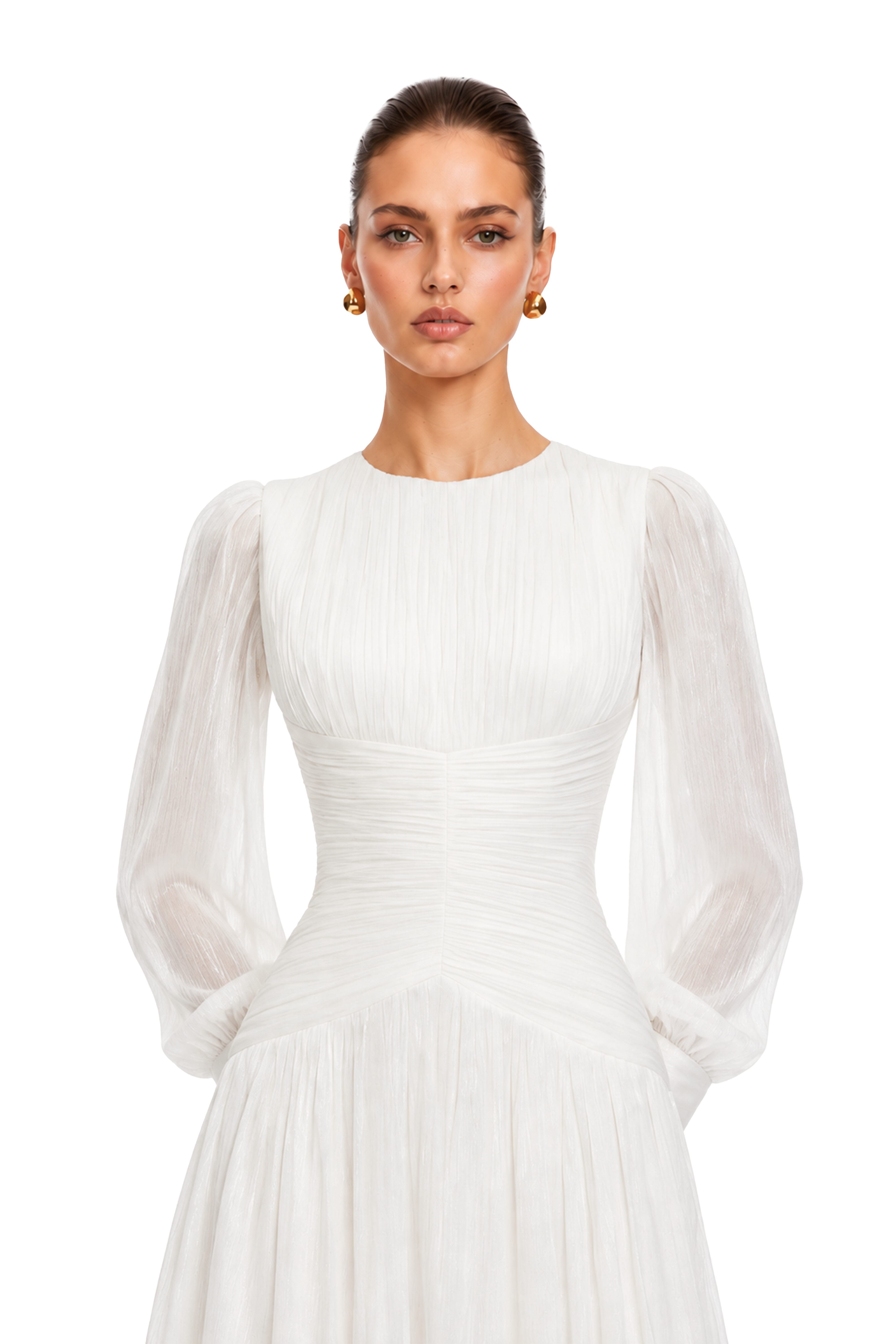 Aneka White High Neck Glossy Ruched Maxi Dress