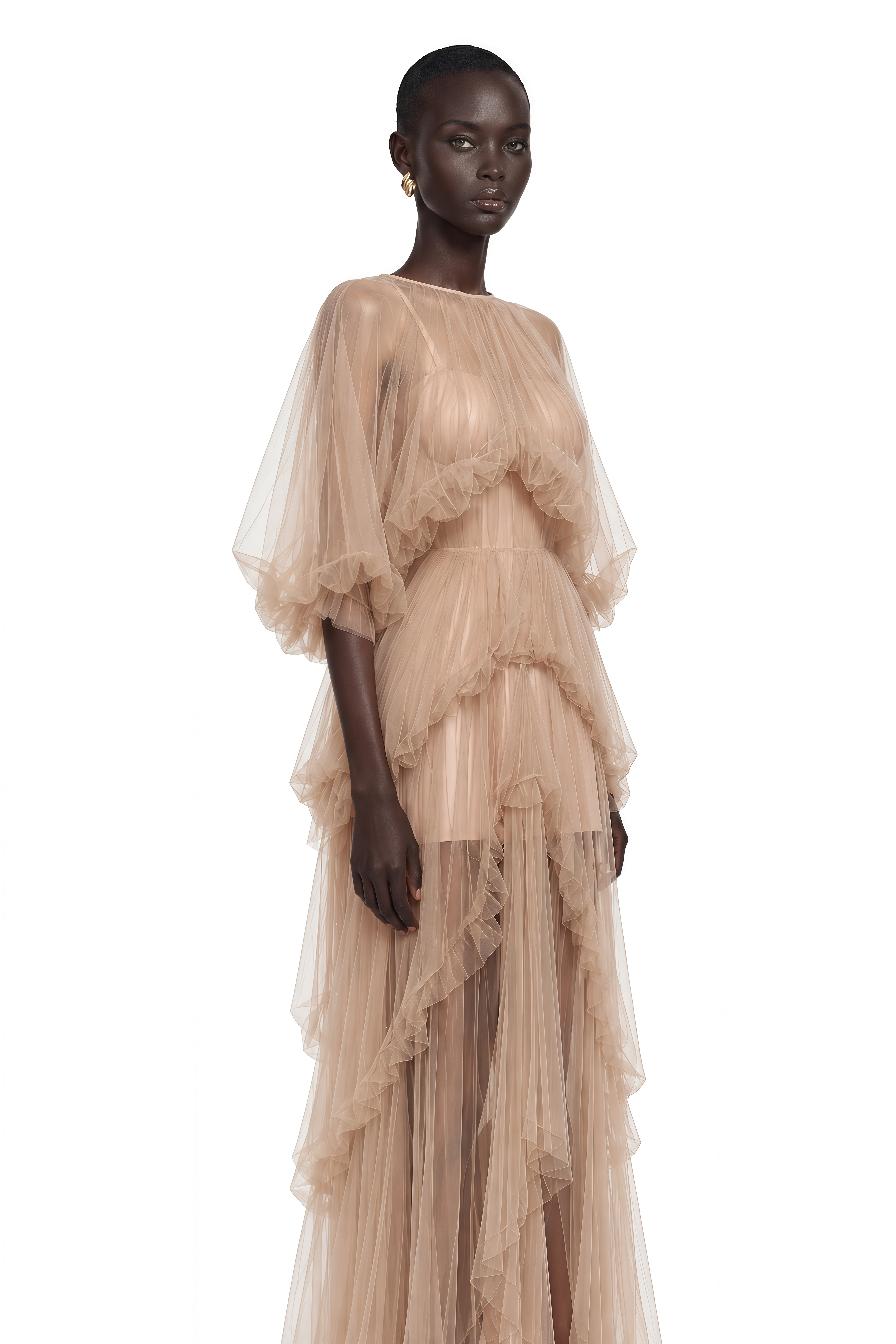 Graciana Nude Asymmetrical Pleated Maxi Dress