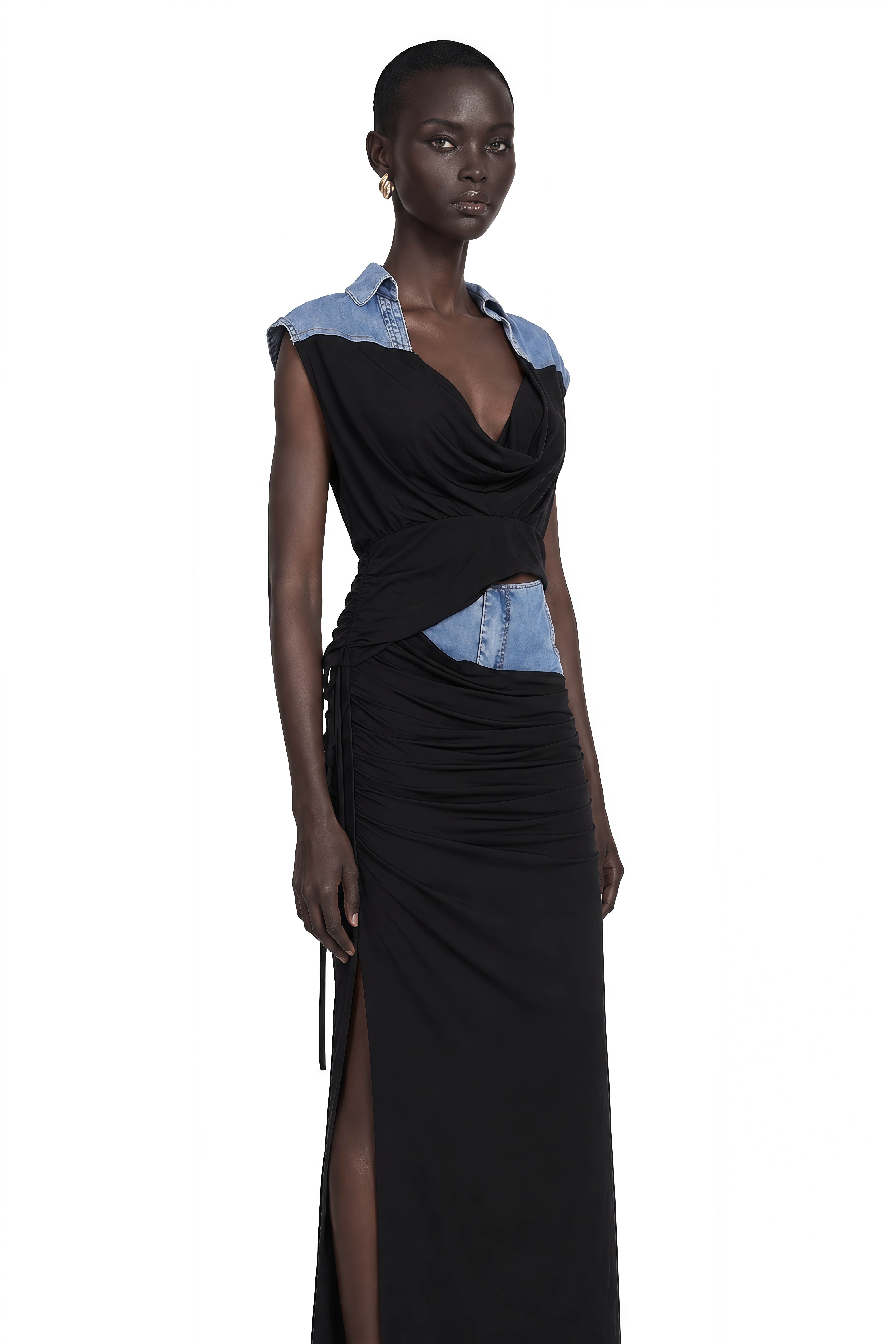 Nala Jersey-Paneled Denim Top & Skirt Matching Set