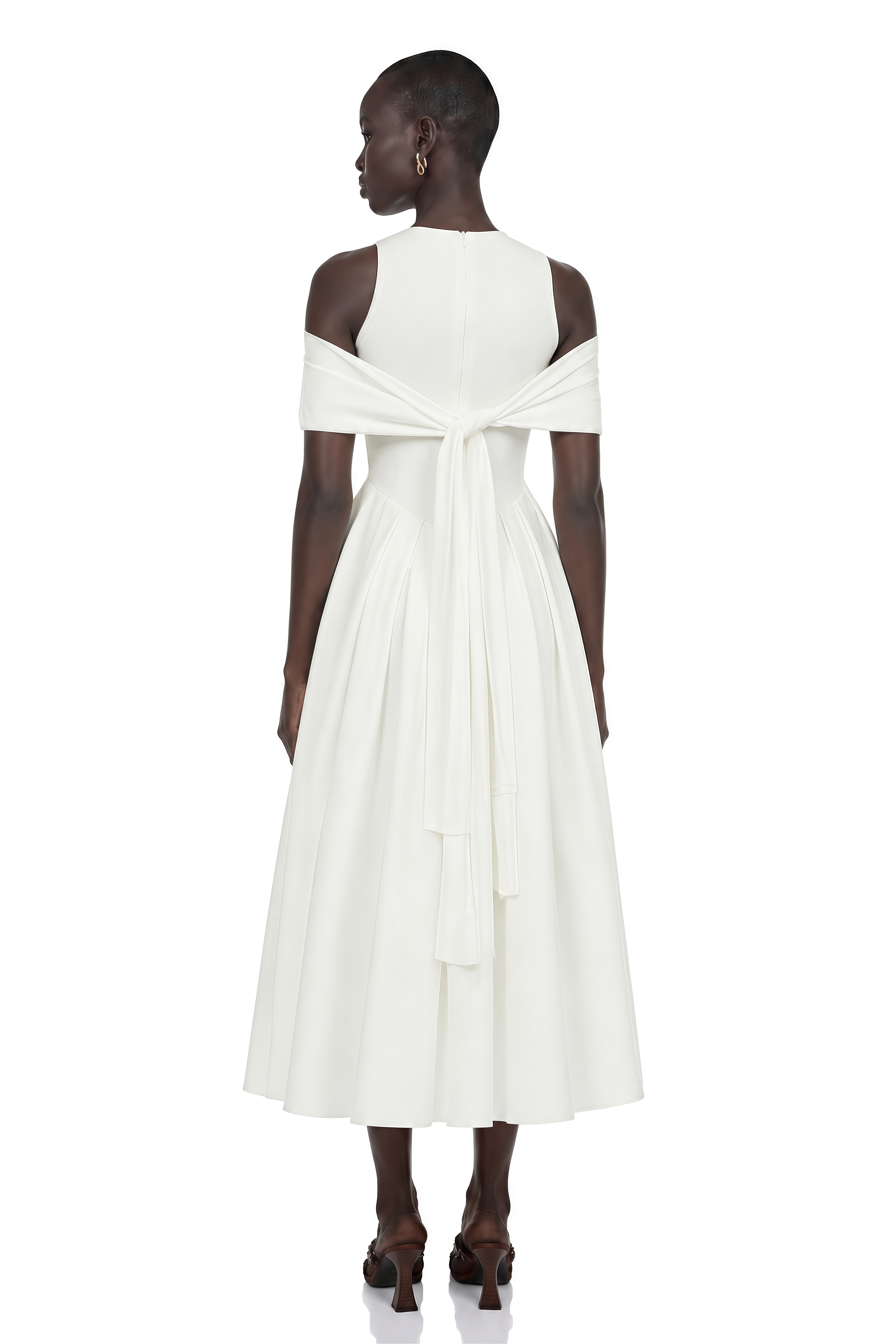 Ophelia White Pleated Midi Dress with Self-tie