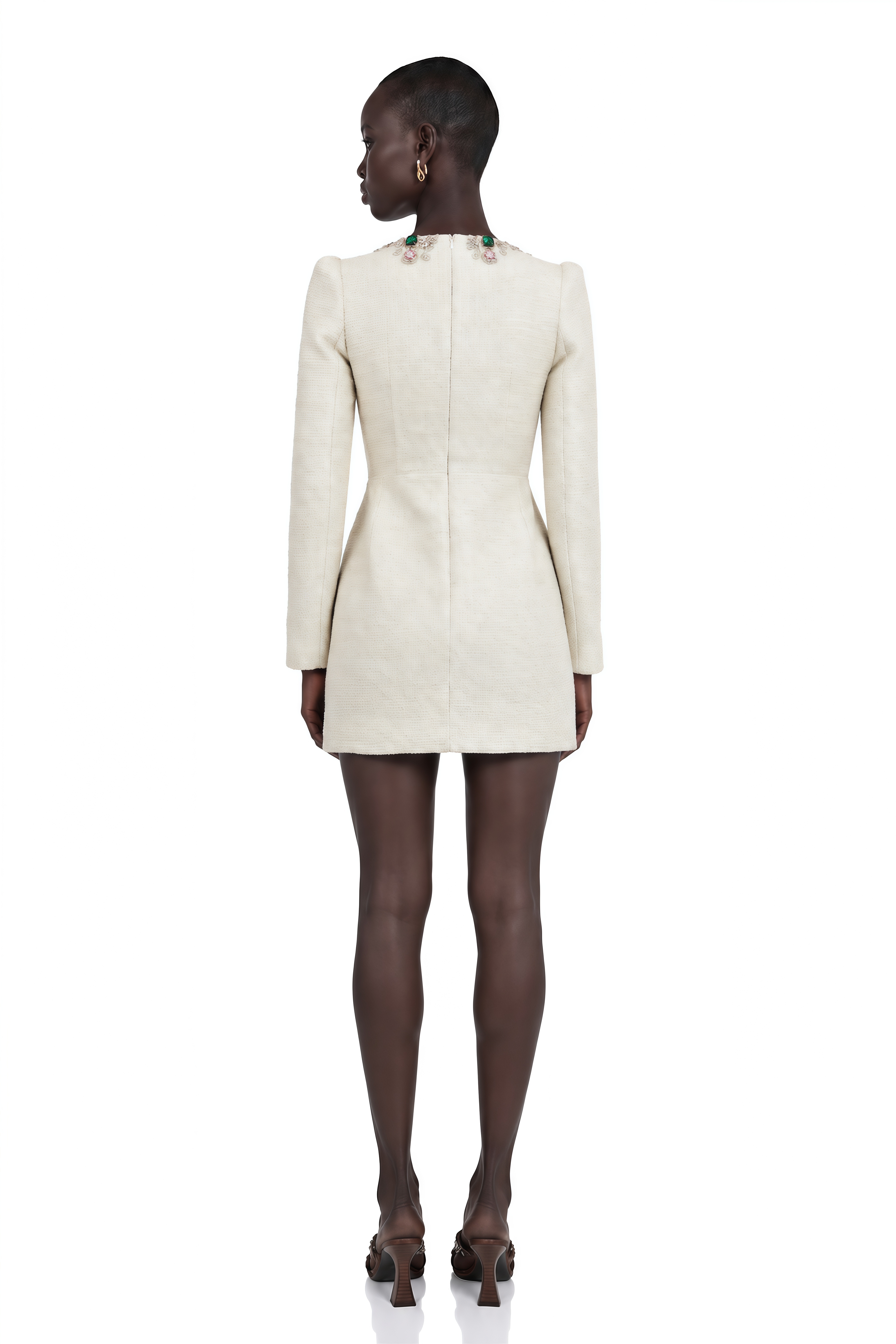 Pauline White Tweed Bead-Embellished Mini Dress