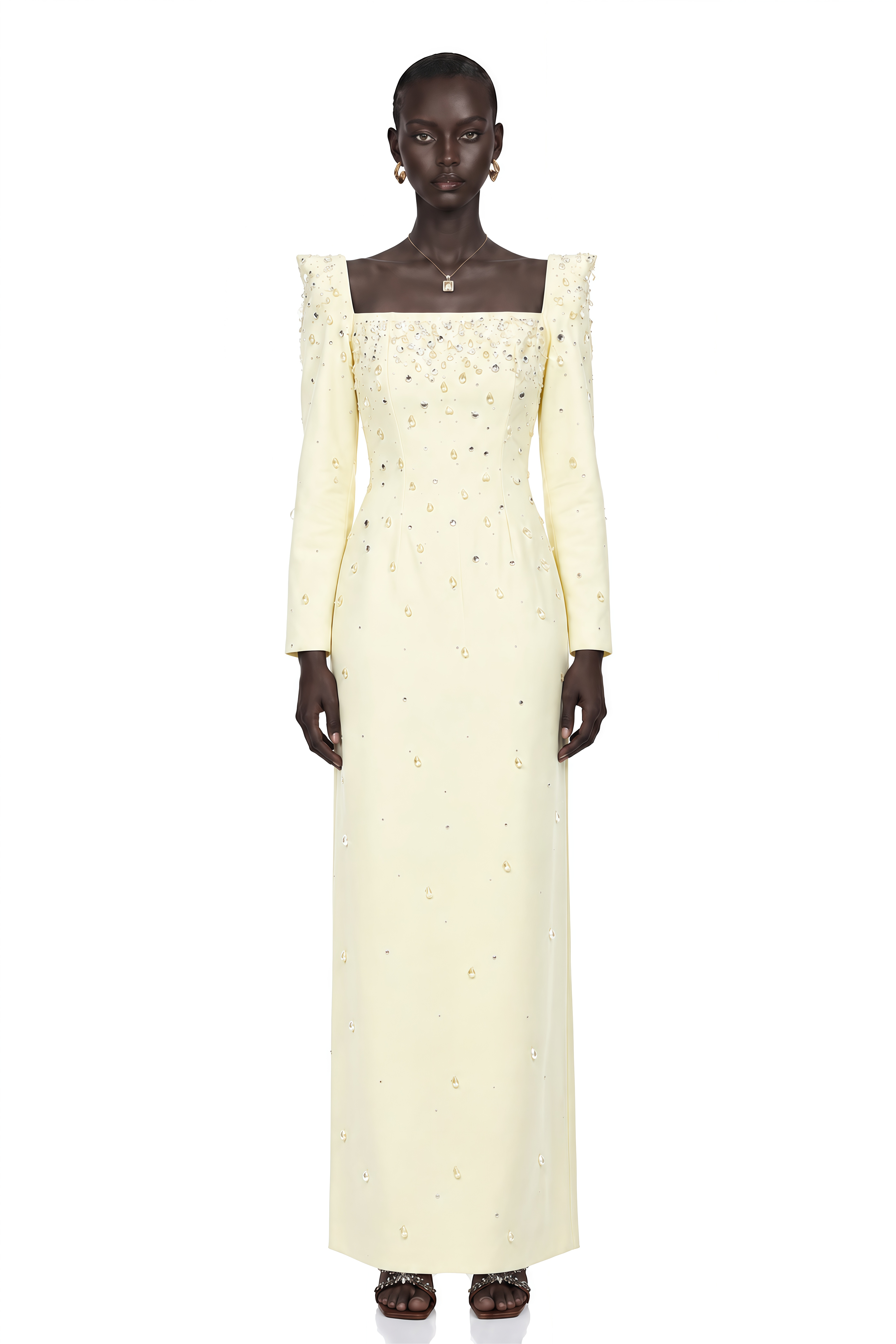Carmela Yellow Square Neck Embellished Maxi Dress