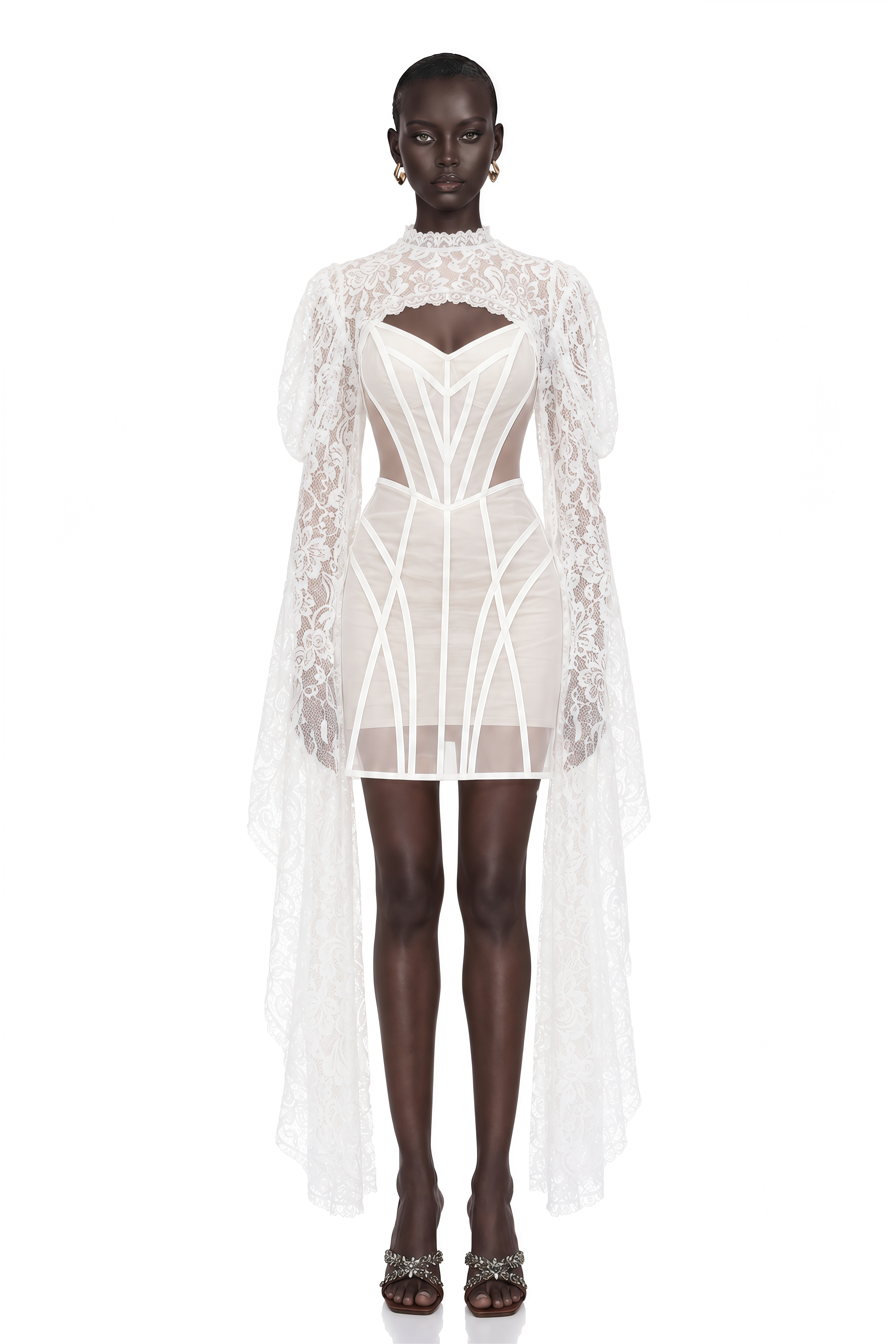 Ilaria White Lace Shrug & Linear Organza Dress Set