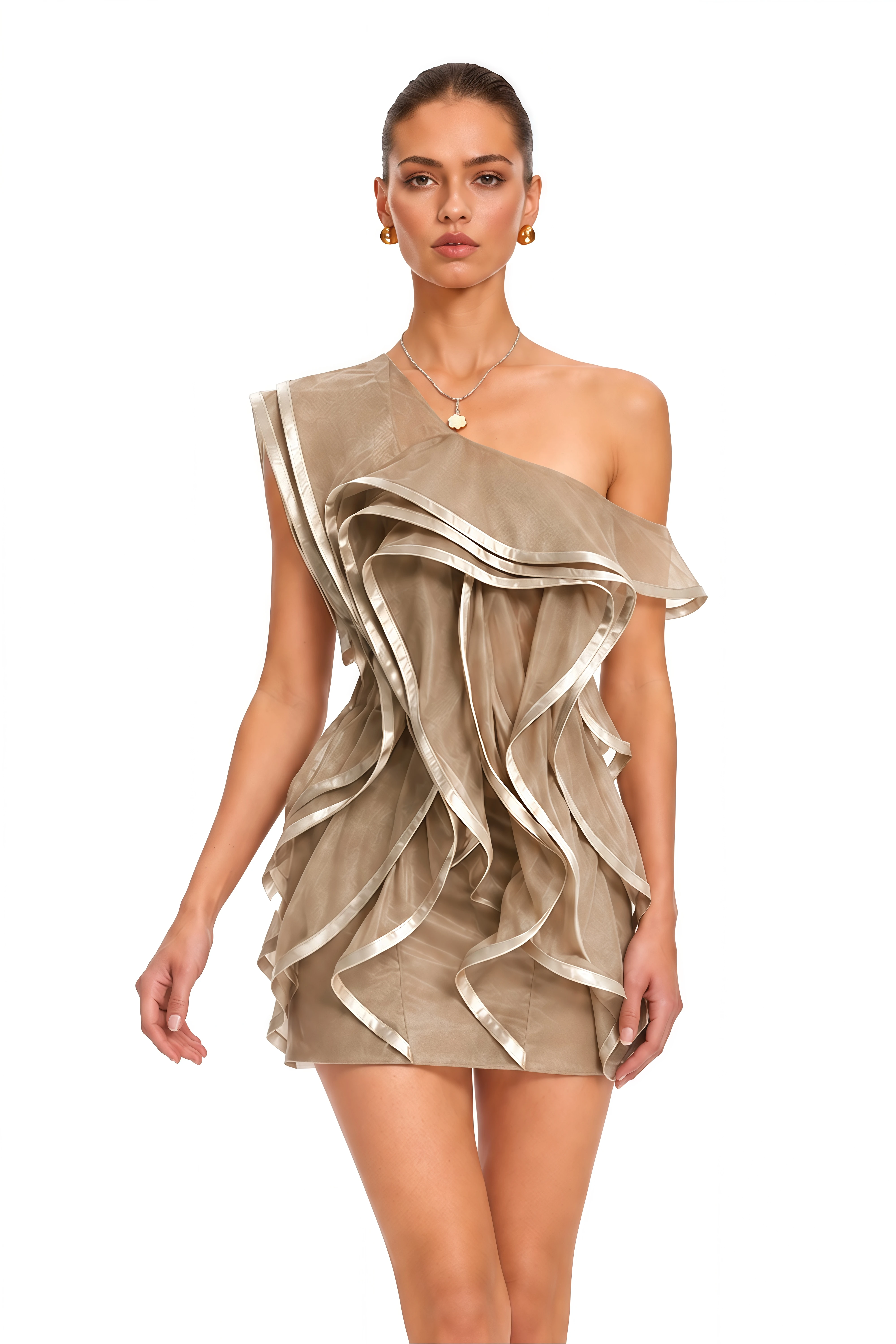 Alchimie Brown Ruffled Tulle Mini Dress