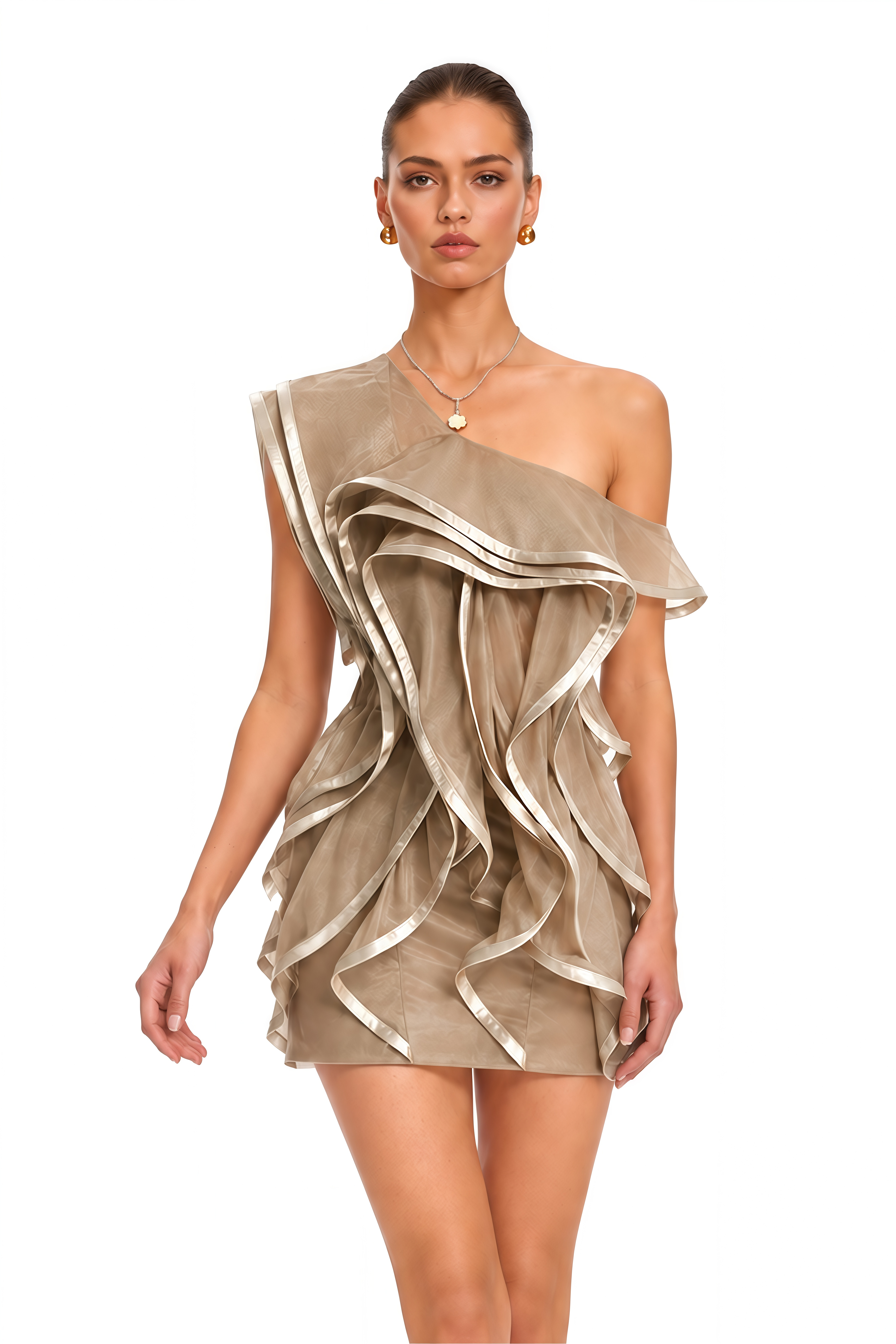 Alchimie Brown Ruffled Tulle Mini Dress