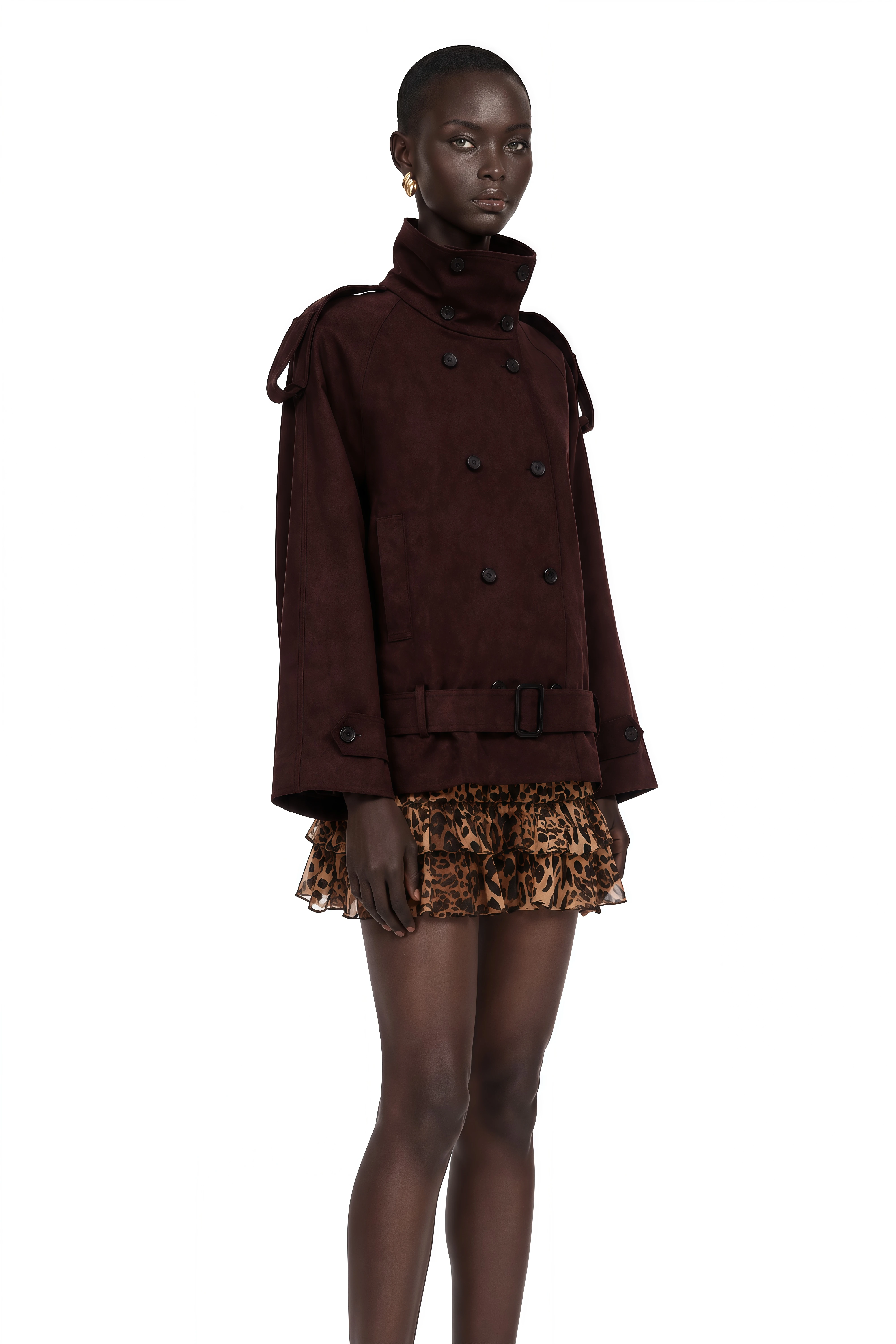 Flavia Burgundy Belted Suede Trench Coat