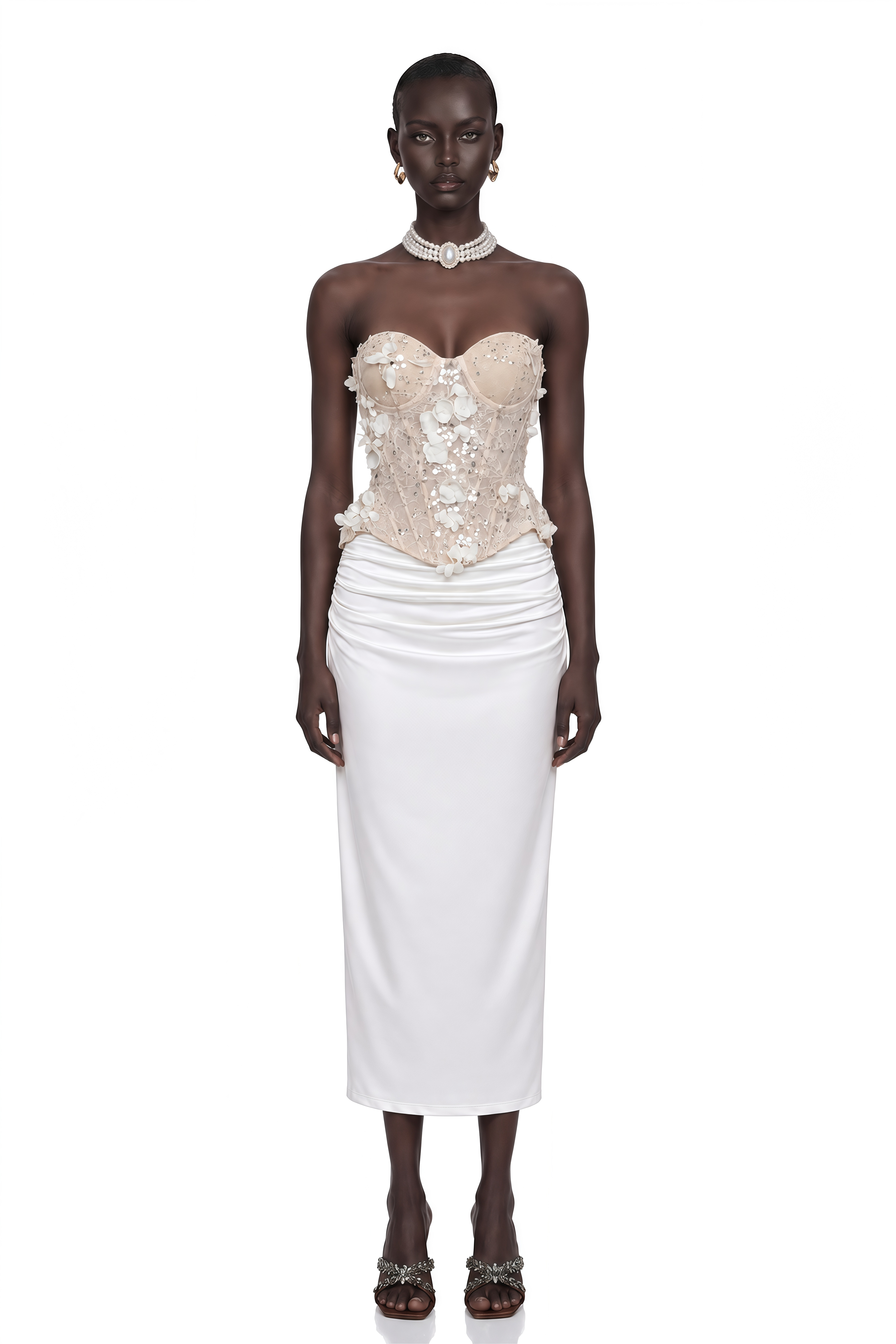 Sisanda White Top & Skirt Set with 3D Petals
