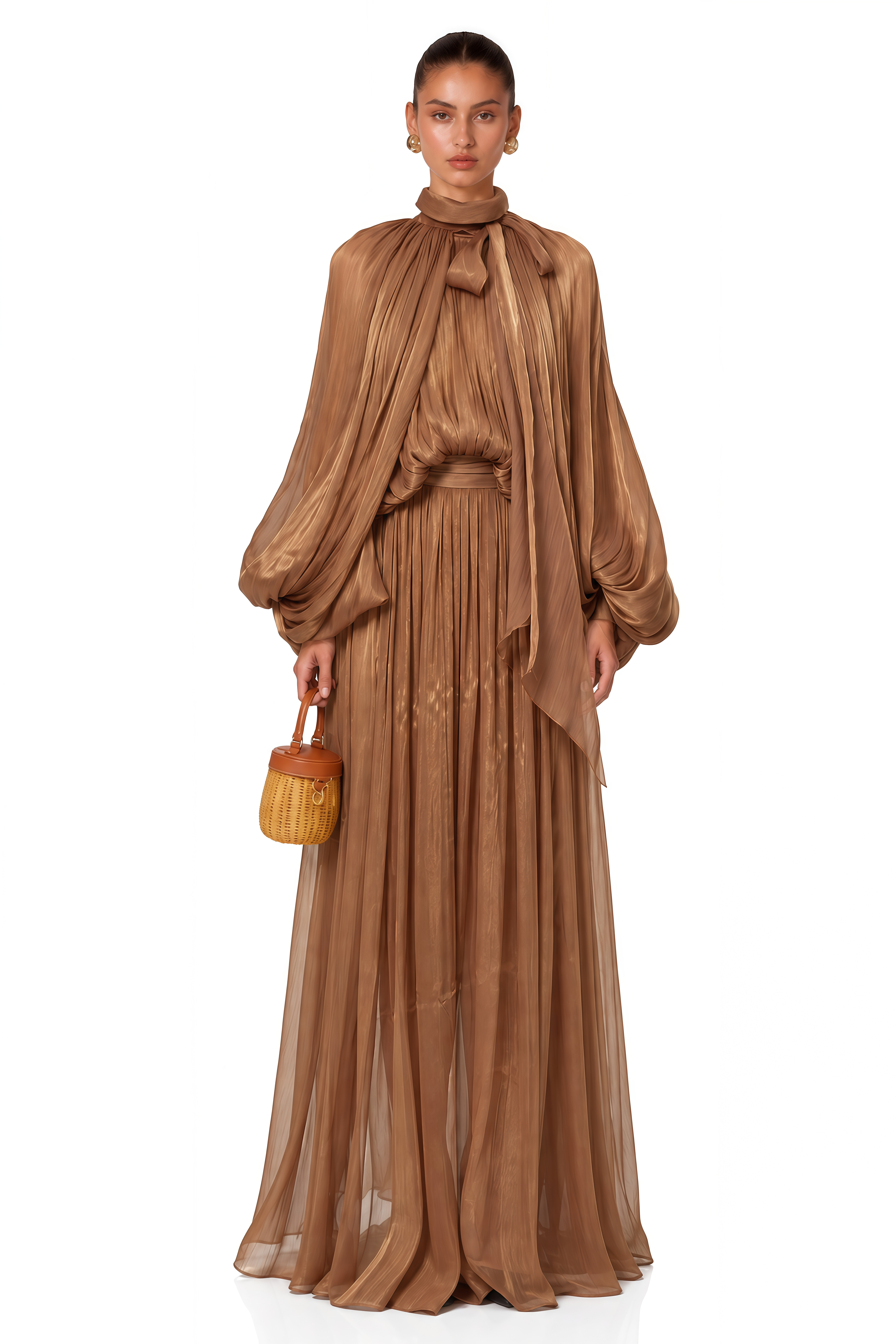Mila Brown Pleated Satin Maxi Dress