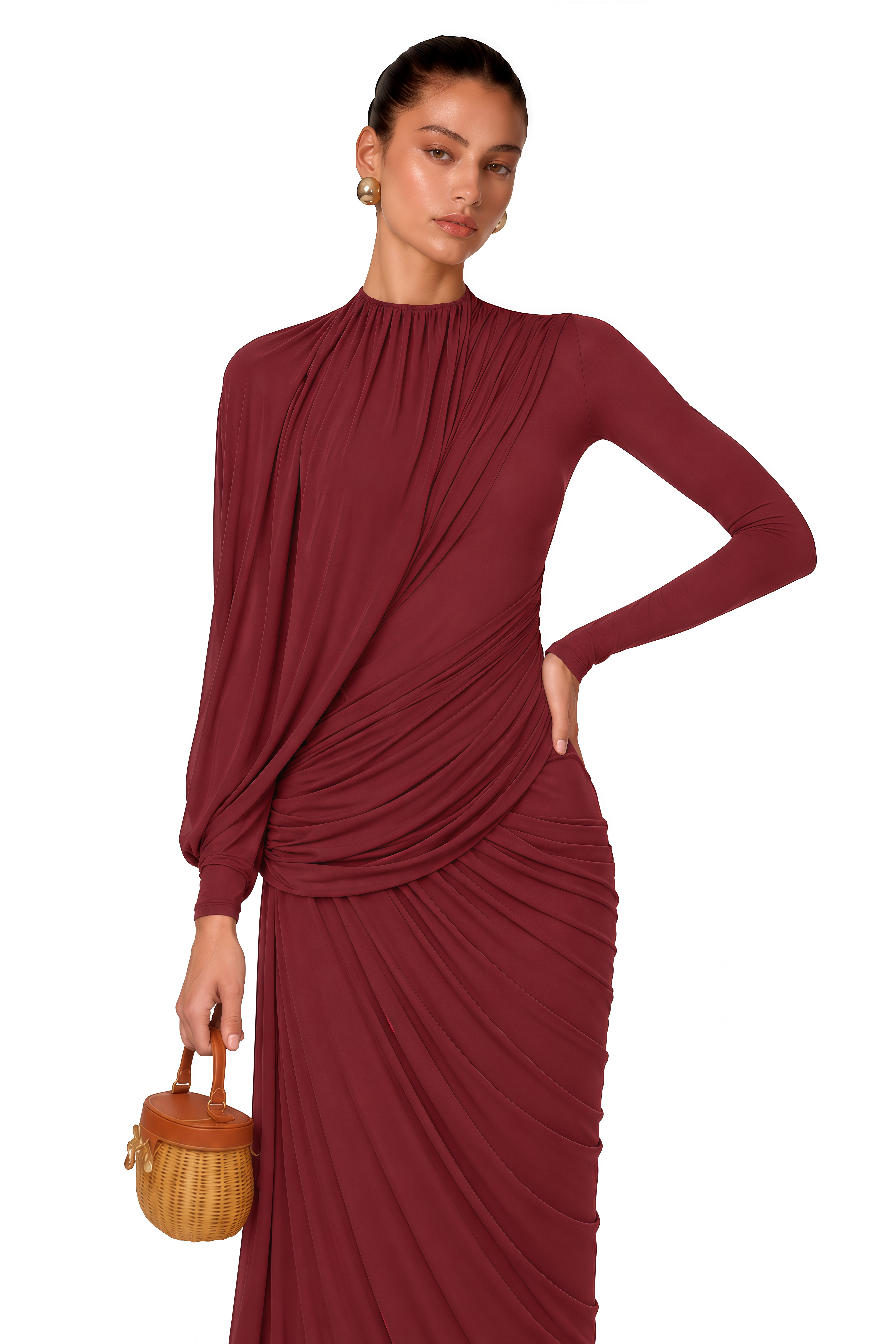 Arlette Red Asymmetrical Ruched Maxi Dress
