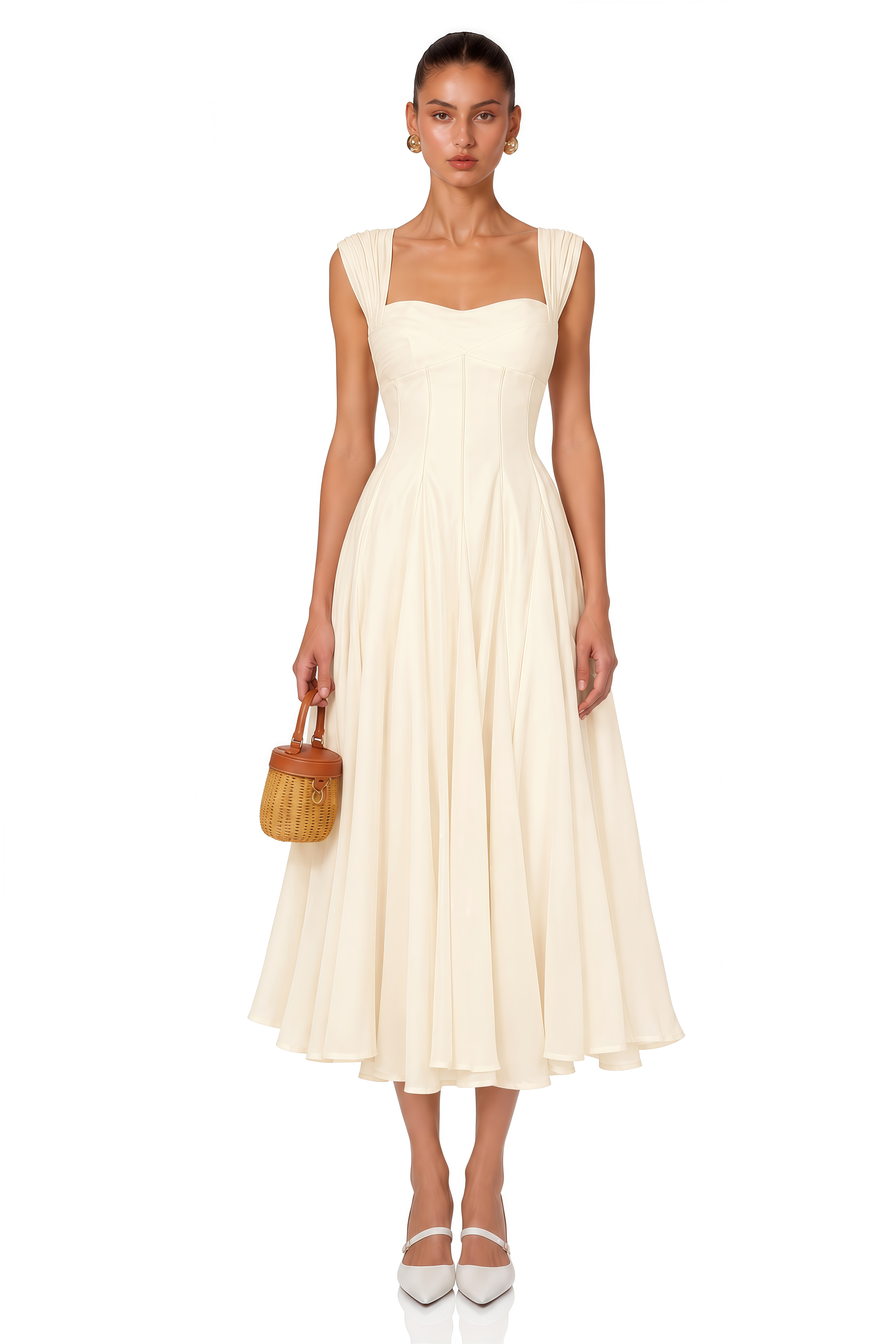 Érasme Cream White Flounced Midi dress