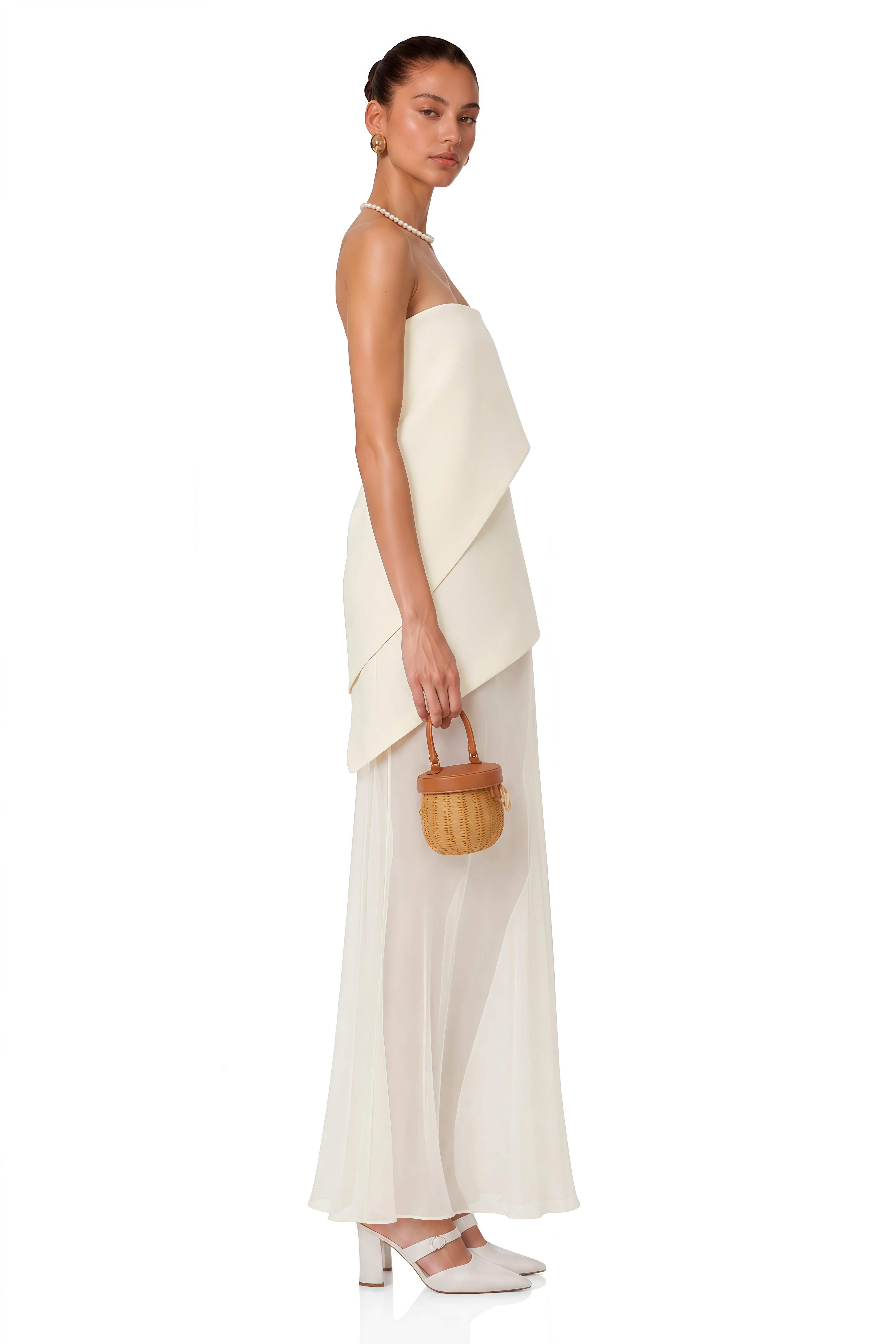 Idalina Ivory White Asymmetrical Mesh Maxi Dress